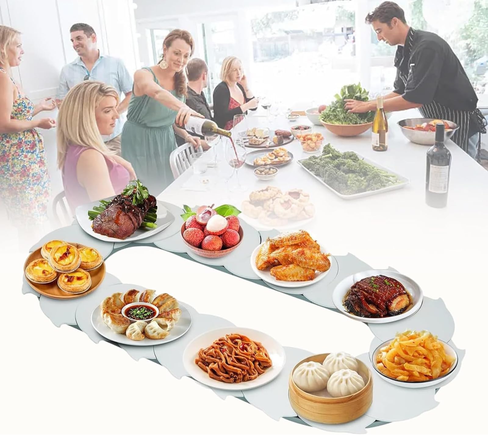 Rotating Food Turntable, 360° Manual Swivel Adjustable Dining Table, Adjustable Food Serving Dining Table Food Trian with Smooth Slide Rail, High Wear Resistance, for Food Sharing Room Party