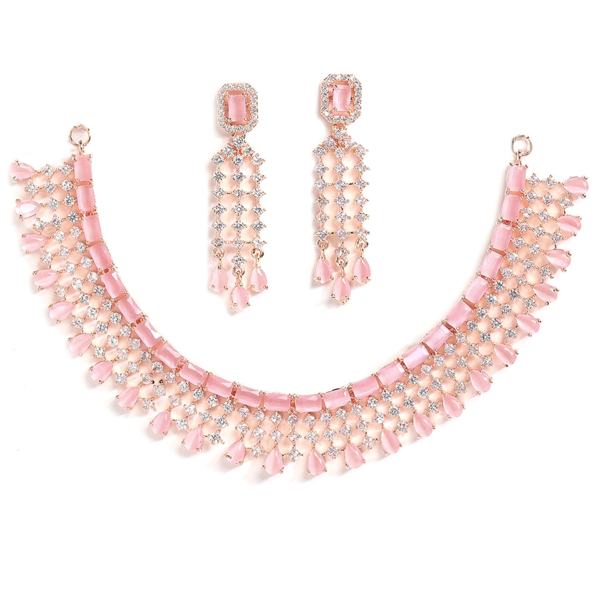 ZENEME Jewellery American Diamond Floral Design Choker Necklace Set With Earring For Women and Girls (Pink Rose Gold) (B09B68D77R) Amazon Price History, Amazon Price Tracker