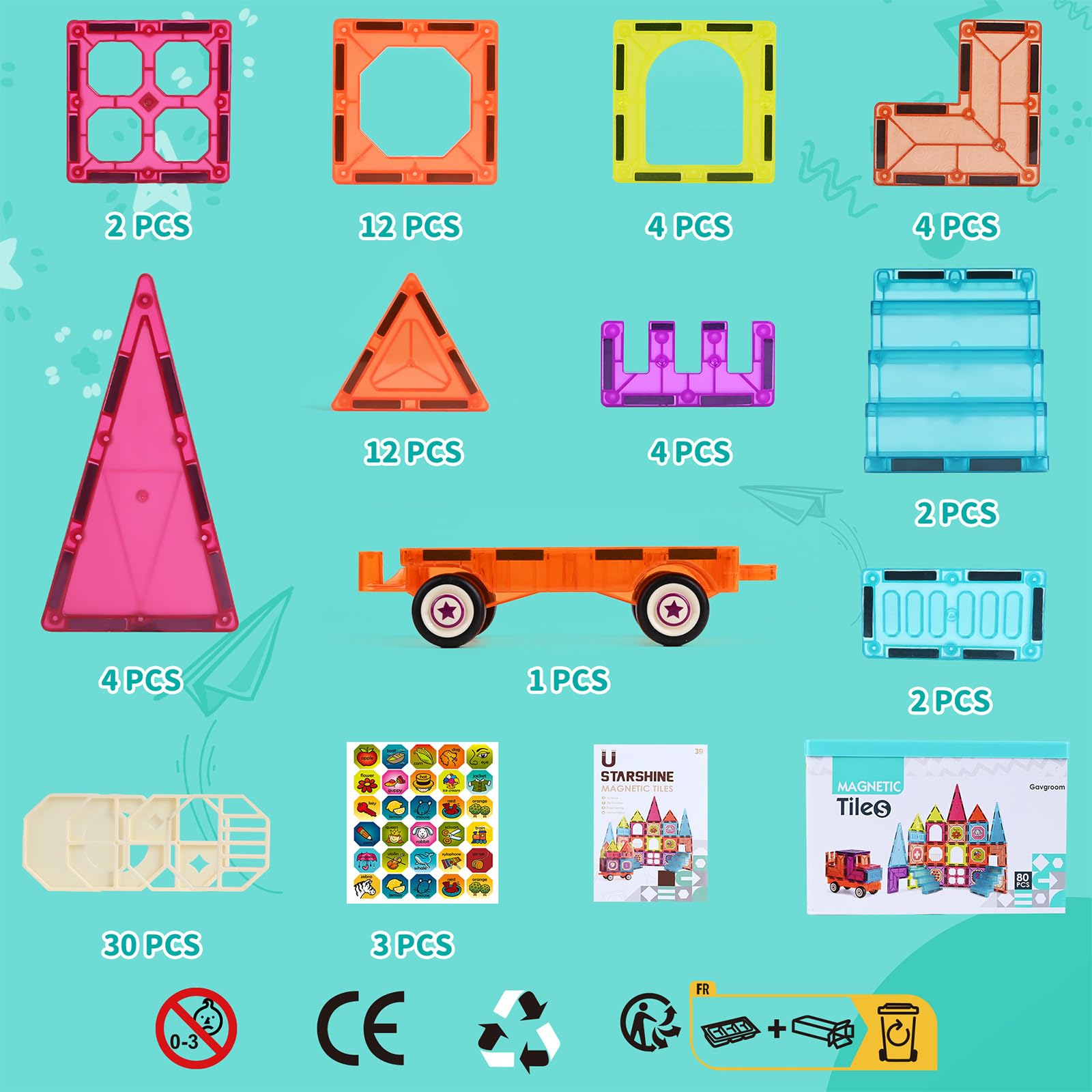 Gavgroom Costruzioni Magnetiche 80 Pezzi Colorati Costruzioni per Bambini 3 Anni Magneti Bambini con 1 Auto Tessere Magnetiche per Bambini da 3 4 5 6 7 8