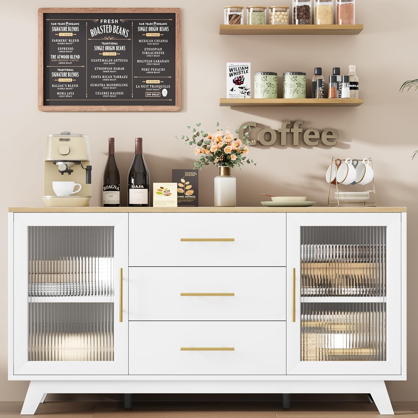 GarveeHome 56 Inch Buffet Cabinet Sideboard with Fluted Glass Doors and Gold Handles, Modern Sideboard Storage Cabinet with Adjustable Shelves, Coffee Bar Table for Kitchen Dining Room Living Room
