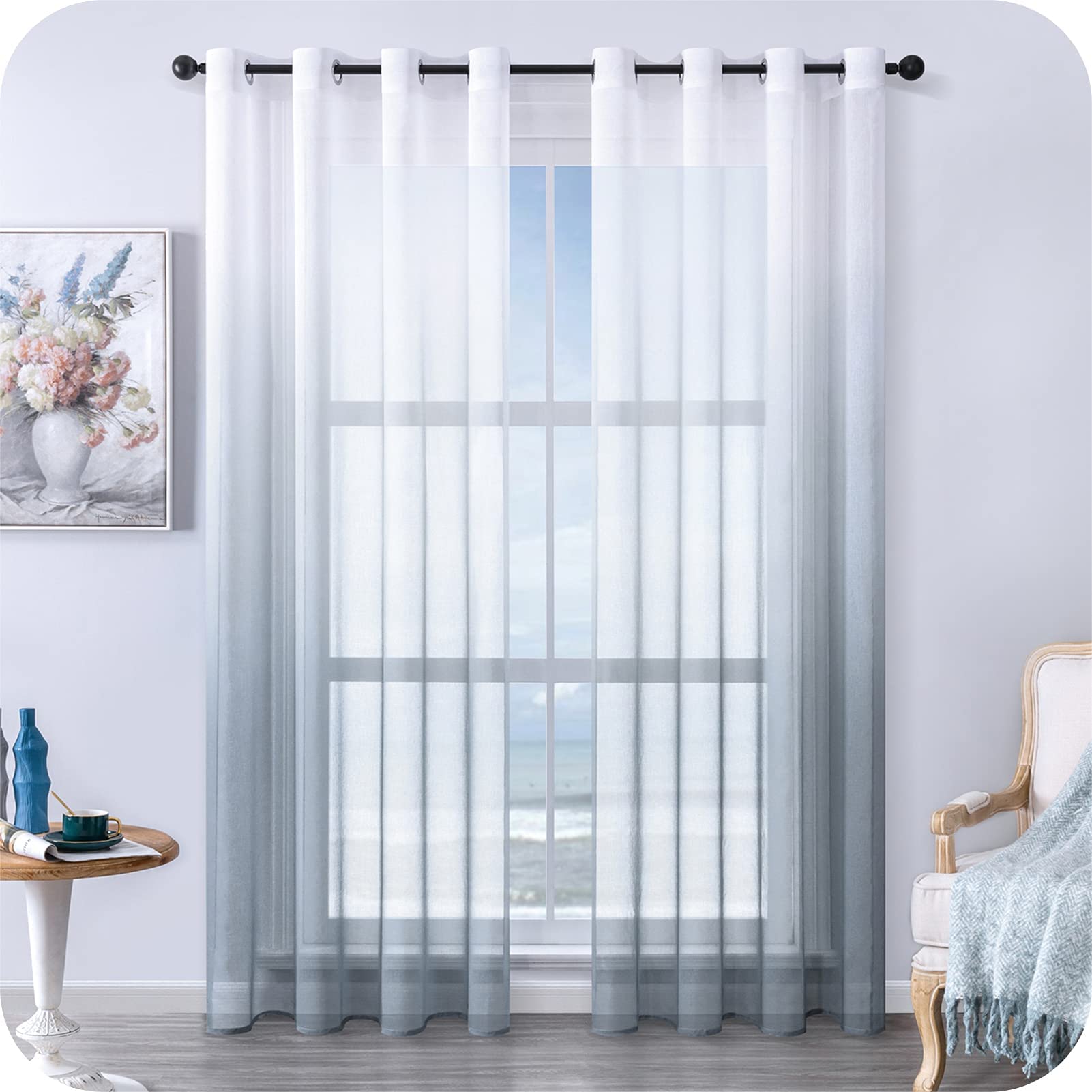 MRTREES Voile Gardinen mit Farbverlauf Transparent Vorhang Kurz Leinenoptik Tüllvorhang mit Ösen Modern für Dekoration Kinderzimmer Wohnzimmer Schlafzimmer Grau 2er-Set