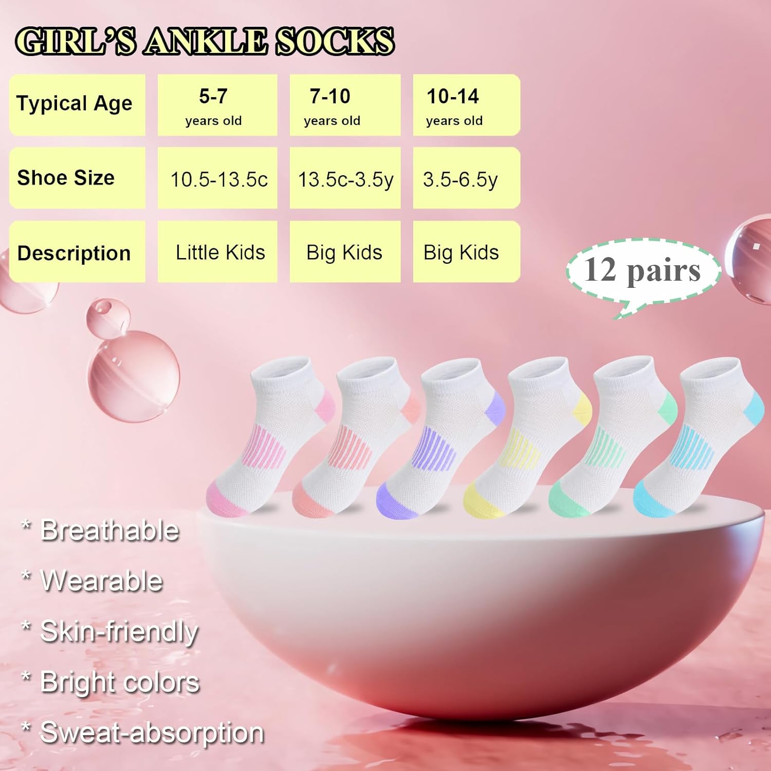 JAMEGIO 12 Pairs Girls Ankle Socks - Running, Athletic, Low Cut Socks for Little to Big Girls - Image 3