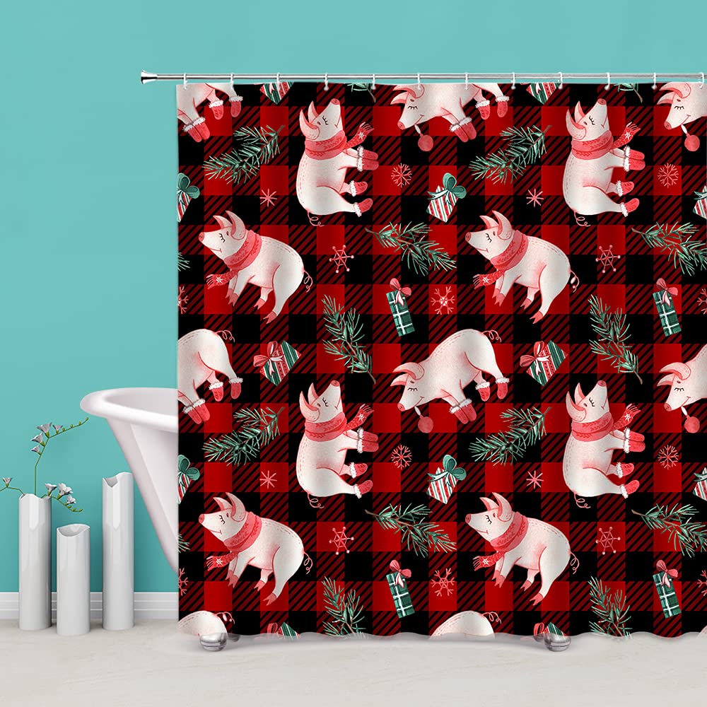 SunheFarmhouse Christmas Shower Curtain Red Black Buffalo Plaid Cute Pig with Xmas Scarf Gift Box Pine Branch Snowflake Merry Christmas Farm Holiday Festival Bathroom Fabric Decor Curtain with Hooks
