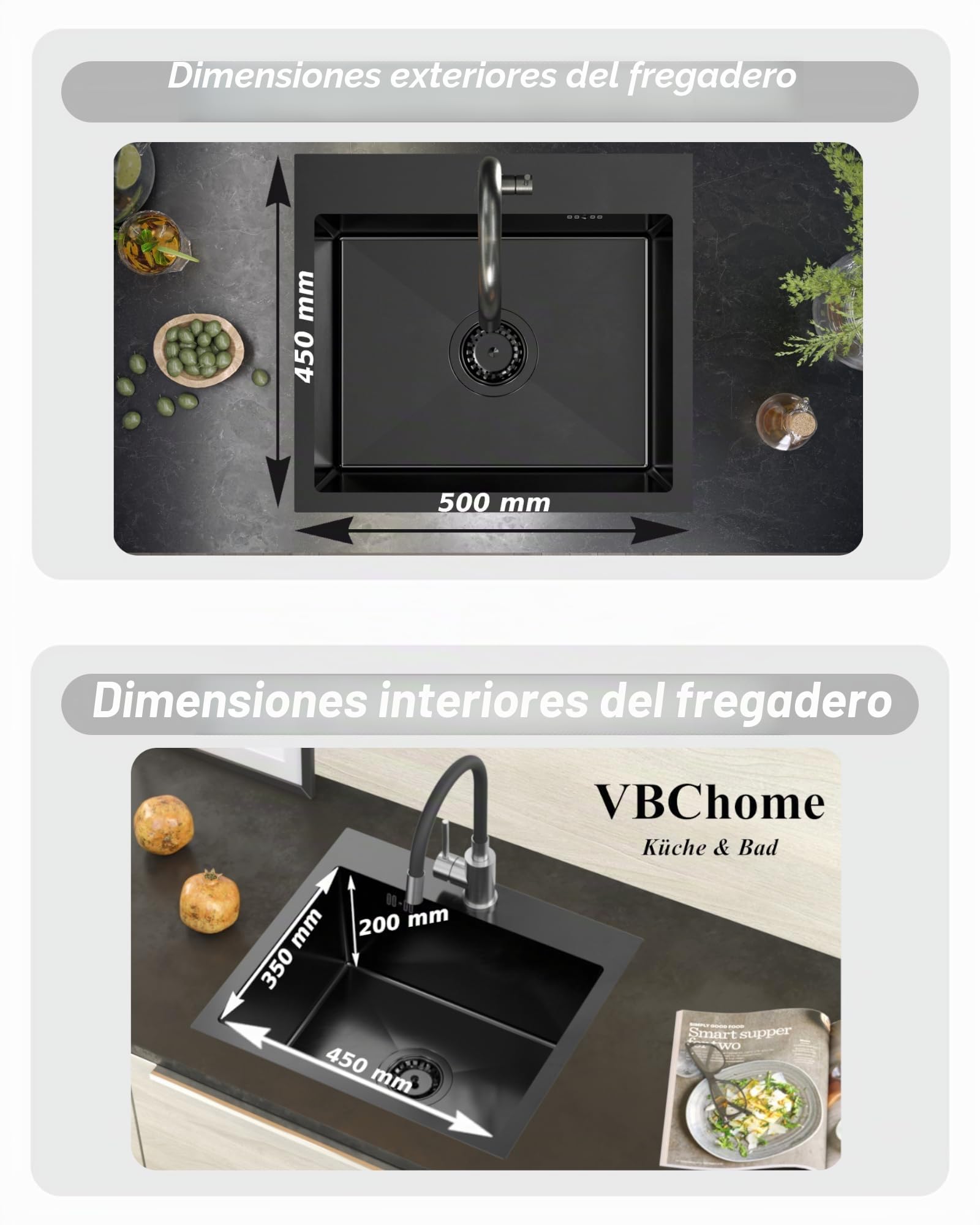 VBChome Fregadero de acero inoxidable con grifo, 50 x 45 cm, color negro, acero inoxidable, con orificio para grifo, fregadero grande, desagüe de acero inoxidable, color negro mate con caño flexible