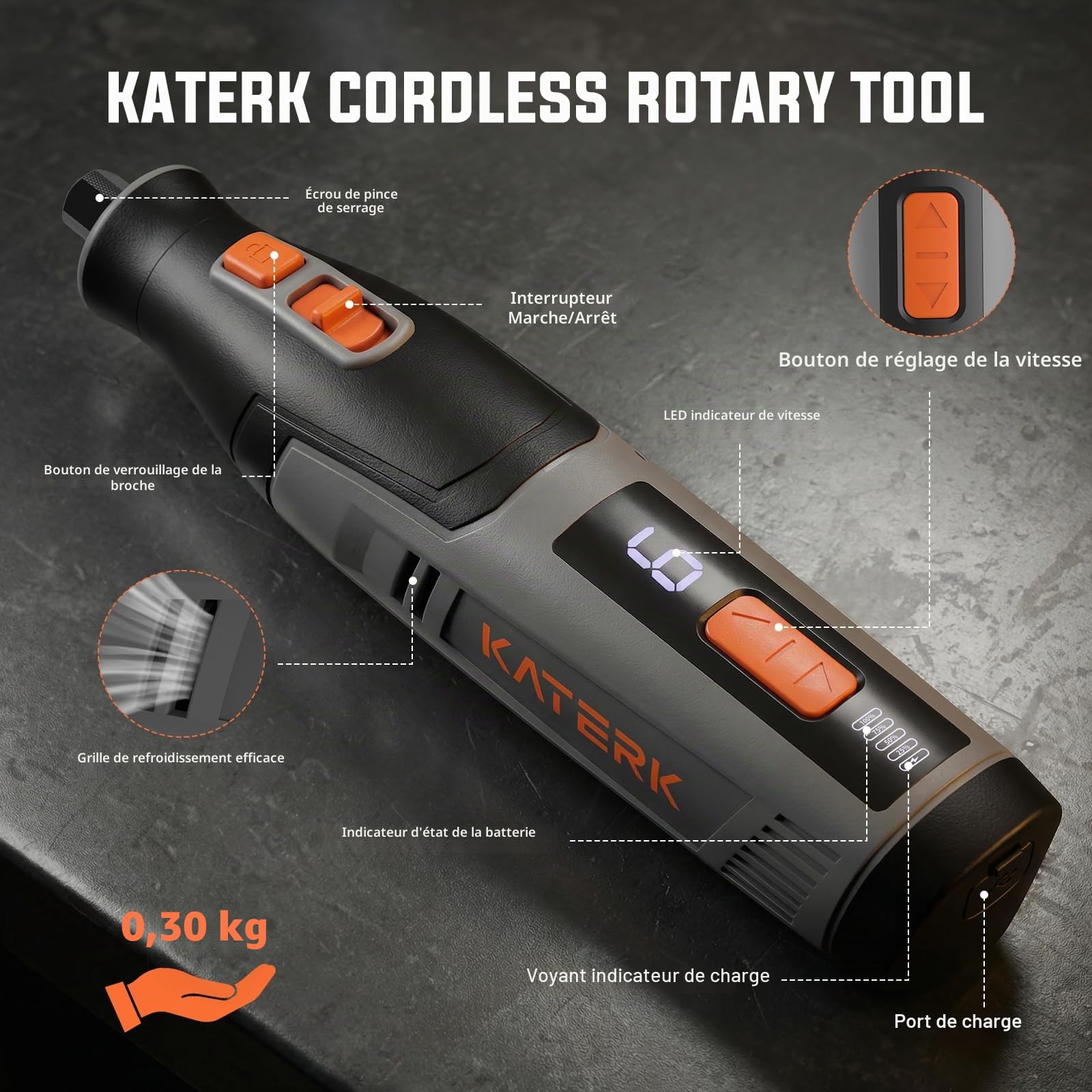 Katerk Outils Rotatifs Multifonction, 6 Vitesses 8000-28000 tr/min, Mini Perceuse Sans Fil avec 4000 mAh Batterie, 70 Pièces Accessoires pour Sculpture, Polissage, Ponçage, Perçage et Bricolage - Gris