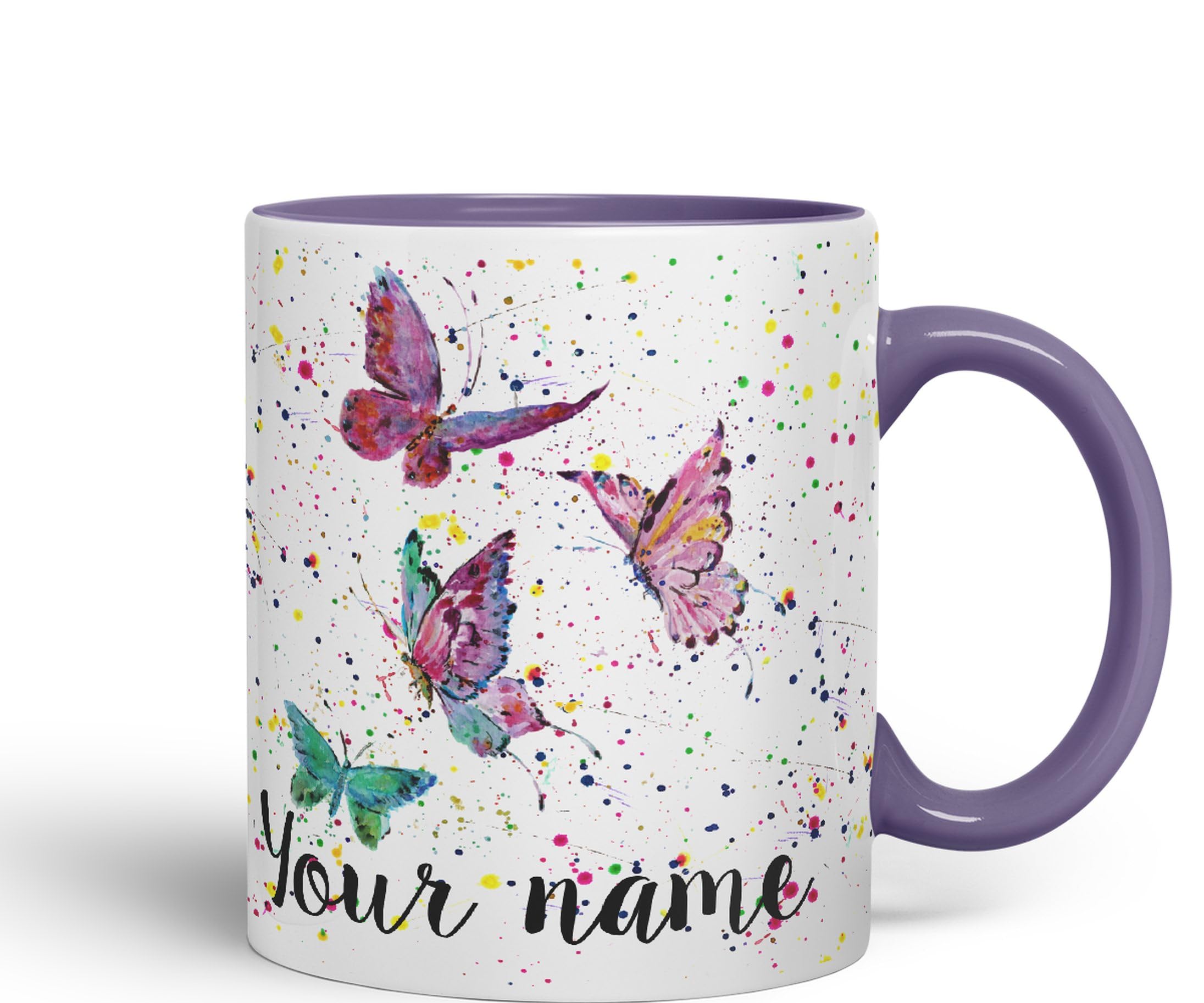 Vixar Personalised Mug with Your Text Name Butterfly Animals Watercolour Art Coloured Ceramic Mug Cup Gift 330ml 11oz Custom Work Office Tea Coffee (Purple)