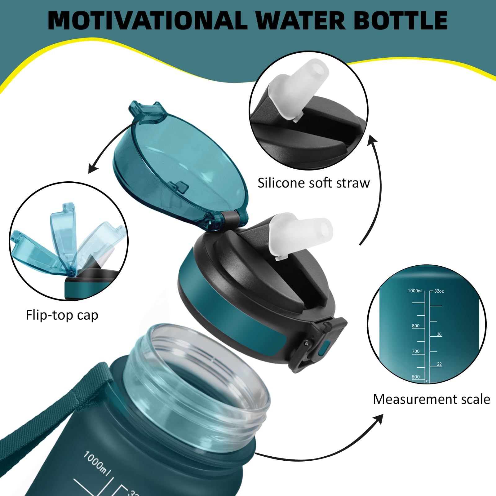 Wasserflasche 1l, Auslaufsichere Trinkflasche mit Zeitmarkierung und Schnürung, Trinkflasche Sport mit Strohhalm, Flasche mit Sichere Verriegelung für Uni, Arbeit, Fitness, Büro, Outdoor - 3