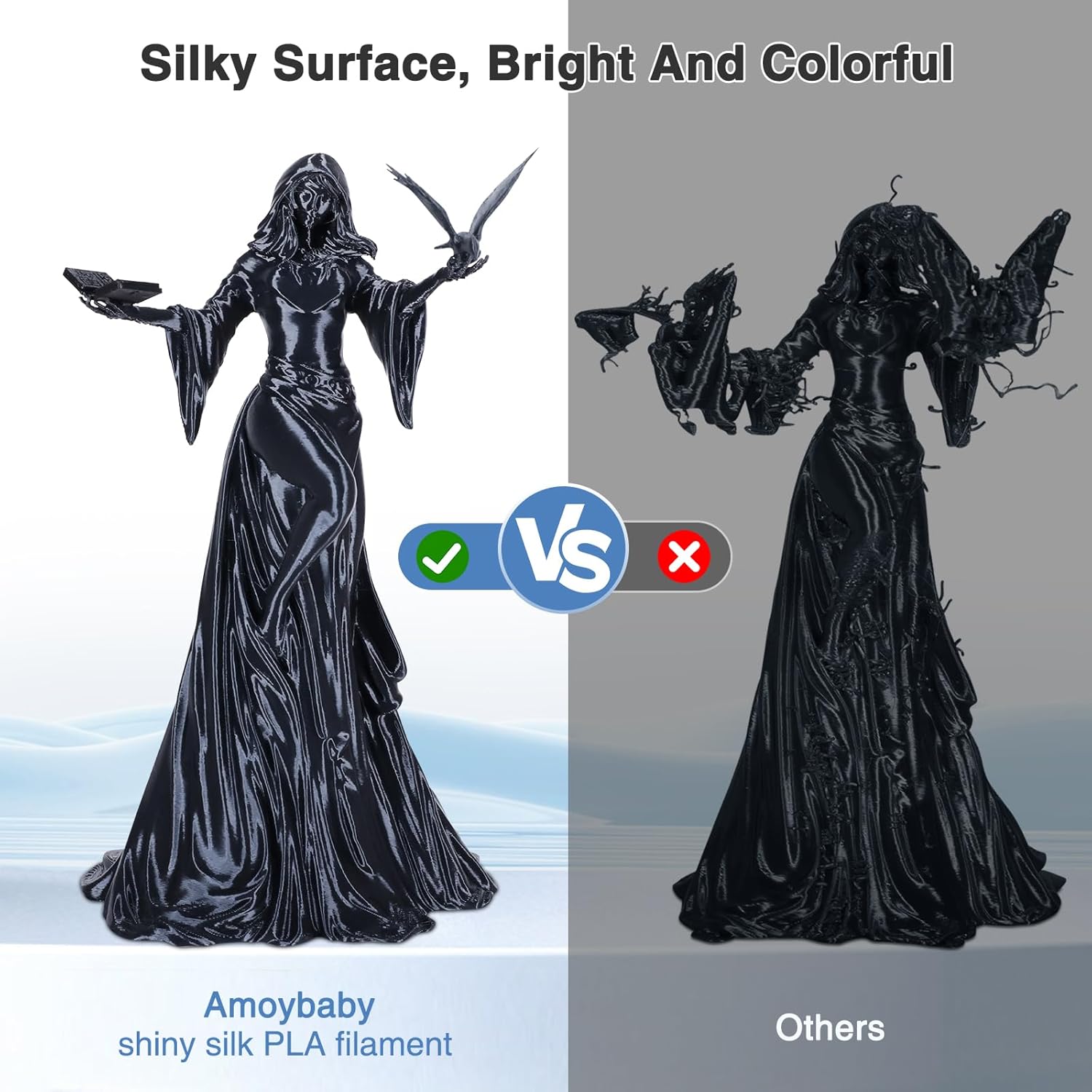 Silk Black PLA Filament 1.75mm 1KG/2.2LBS, High Speed Shiny 3D Printer Filament PLA, Low Warp & Clog-Free, Dimensional Accuracy +/- 0.03mm Fits for FDM 3D Printers - Image 2