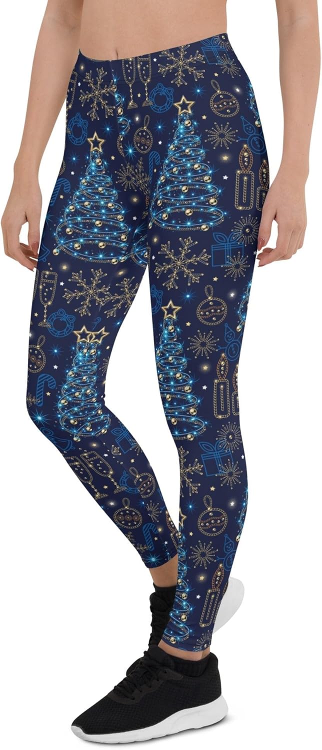 FIERCEPULSE Twinkling Tinsel Dreams Leggings for Women - Holiday Christmas Blue Printed Stretchy Workout Leggings Yoga Pants