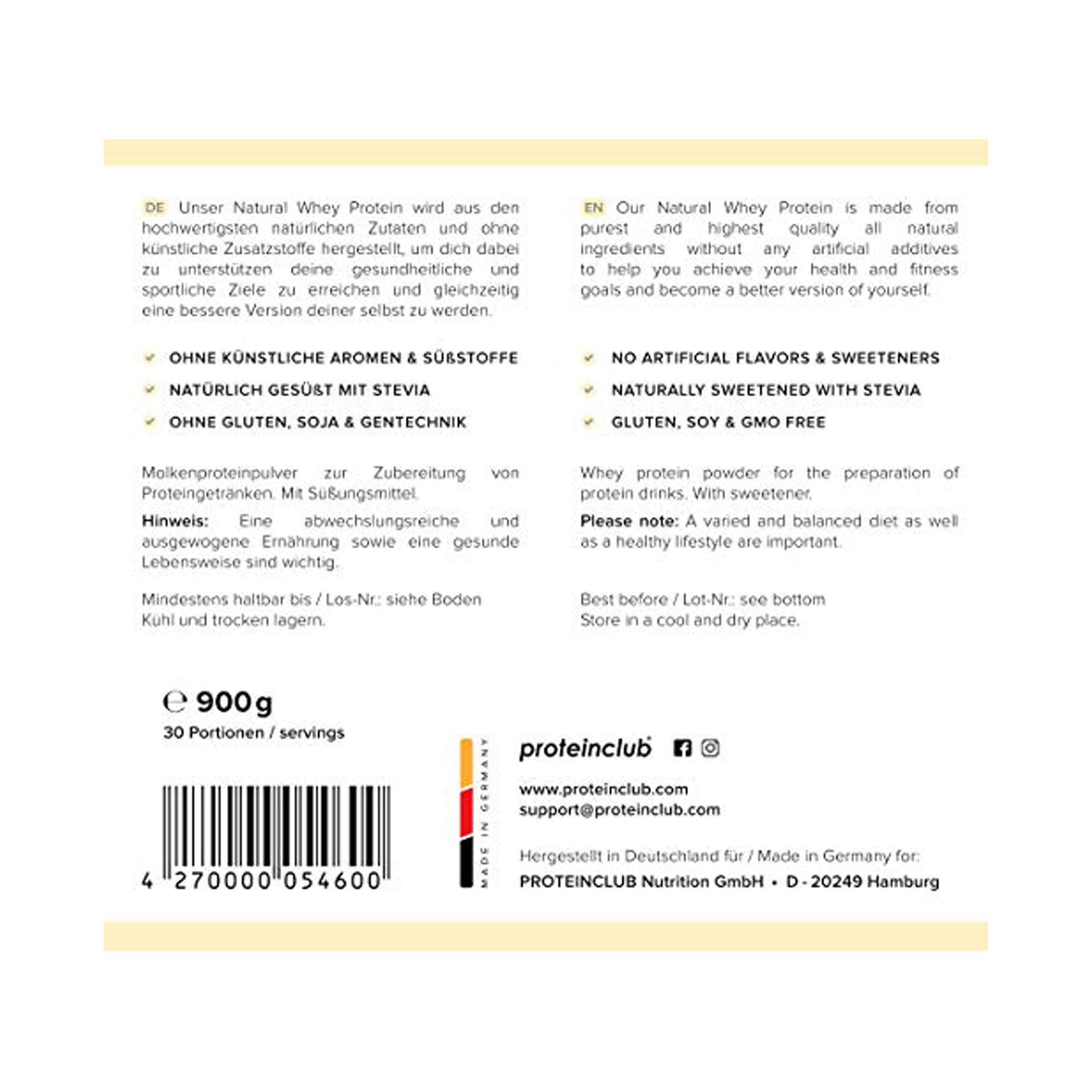 Natural Whey Protein senza additivi - Proteine naturali in polvere senza aromi artificiali e dolcificanti - Dolcificato con stevia - Senza soia - Made in Germany - Vaniglia- 900g