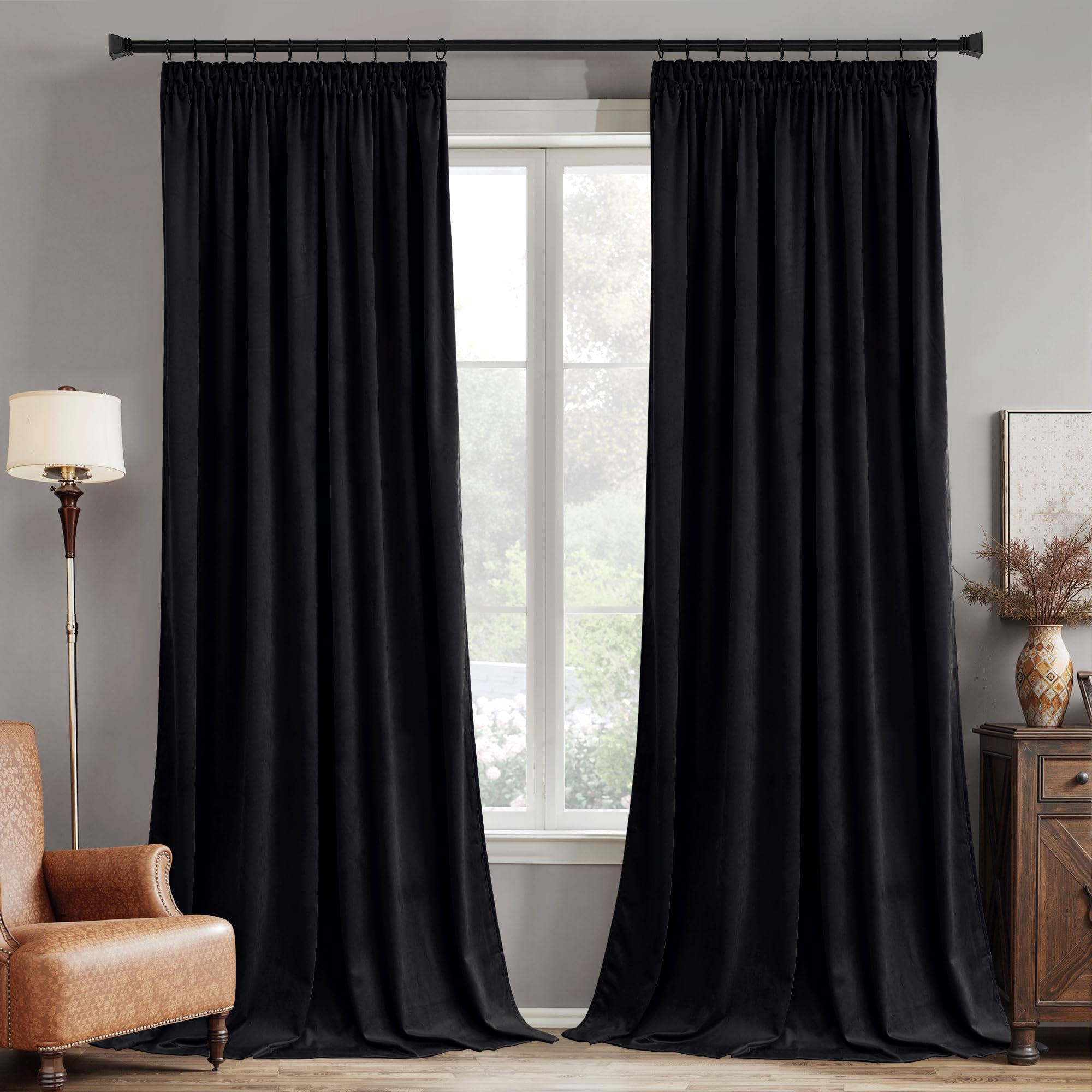 PONY DANCE Pencil Pleat Black Velvet Curtains