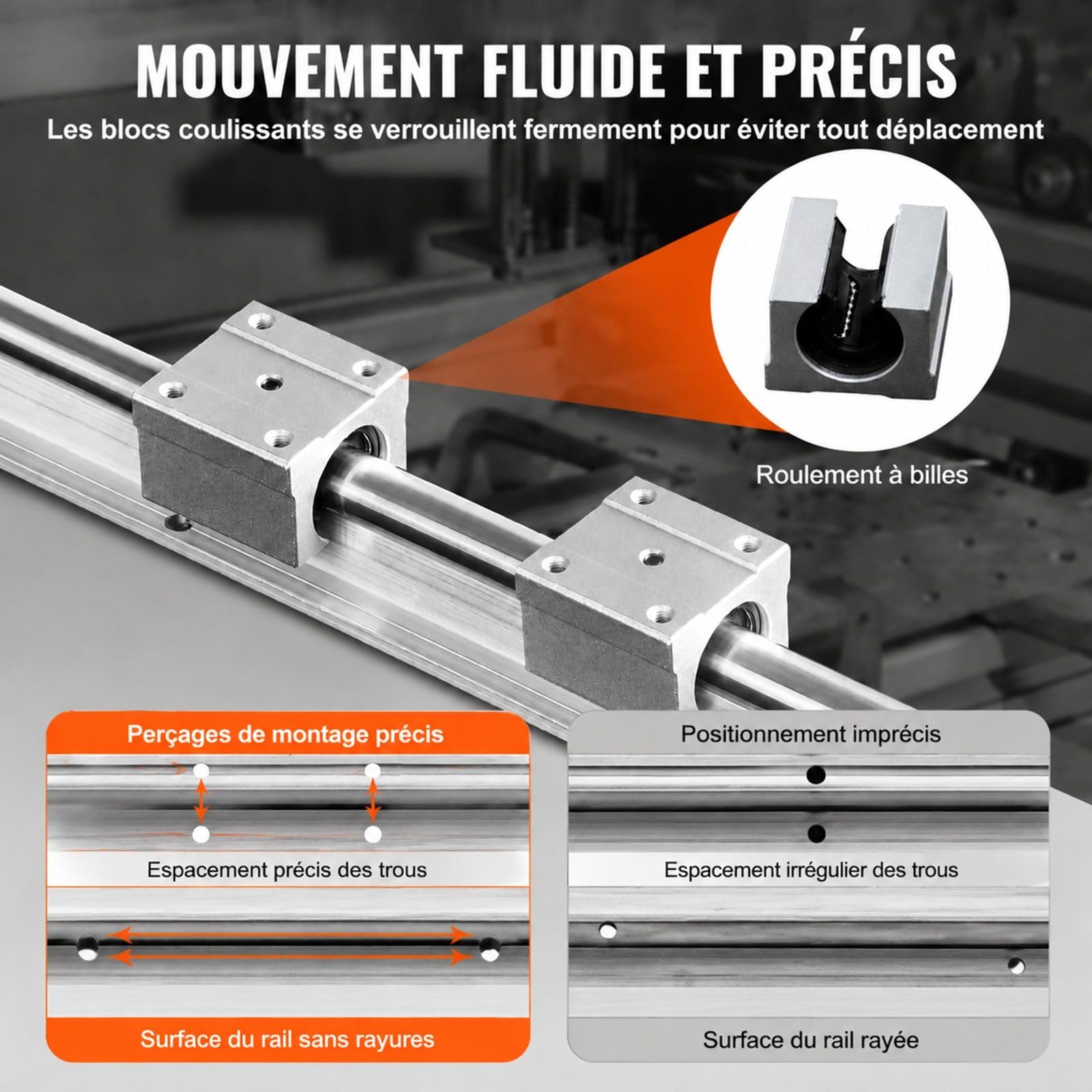 Rail de guidage linéaire, 2 rails et 4 blocs de roulement pour machine CNC, tour et imprimante 3D