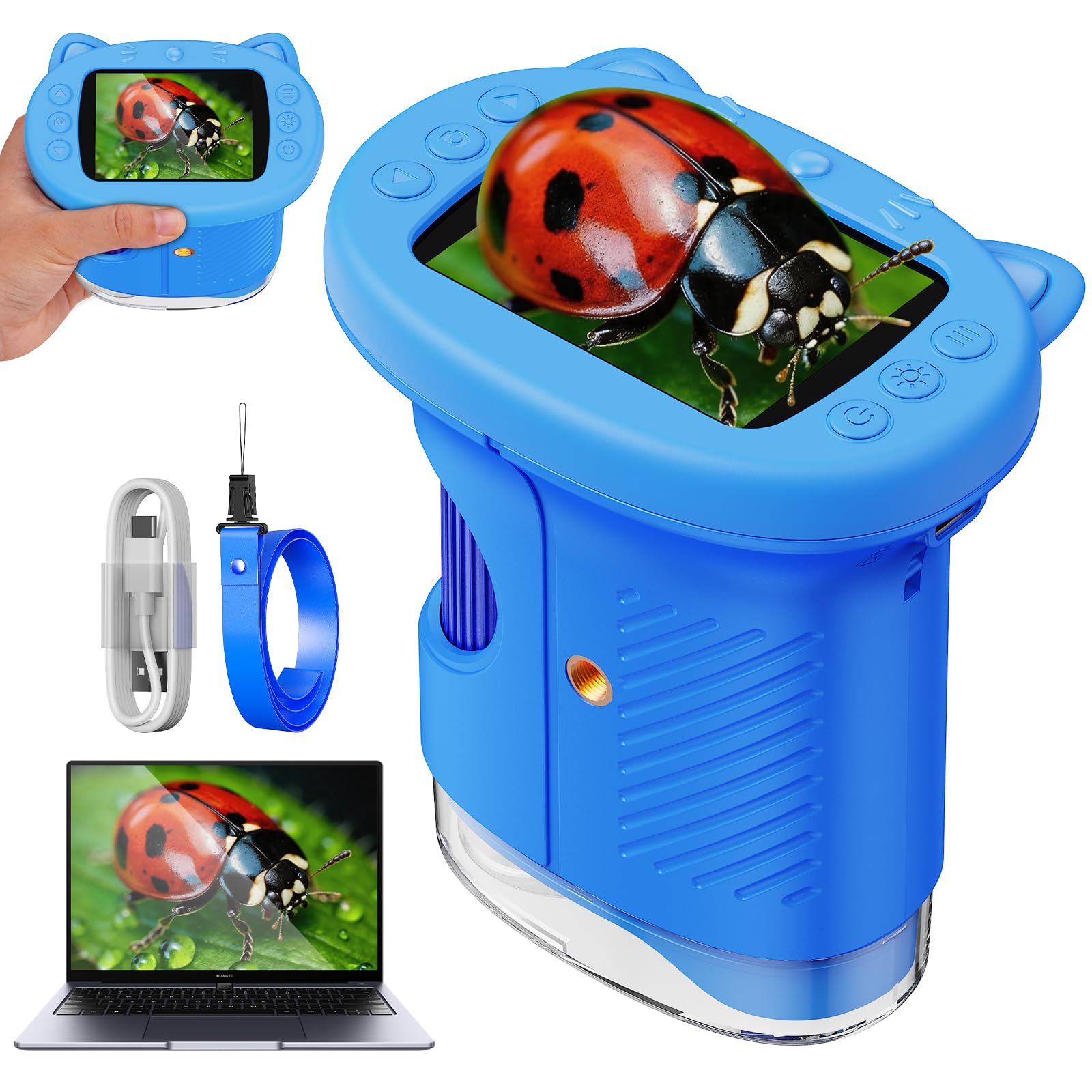 Microscopio Portatile per Bambini, Microscopio Digitale 1000x per Bambini con schermo IPS da 2,4 pollici, funzione fotografica e compatibilità con PC, Regalo Perfetto per Bambini (Blu)