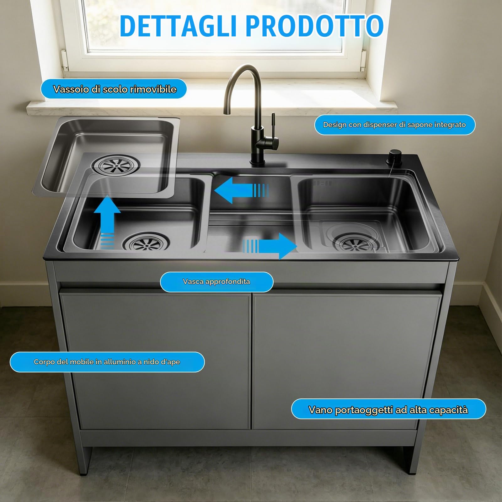 Mobile Lavatoio Moderno, Armadio Impermeabile in Alluminio a Nido d'Ape con Lavello Nero Nano Inox, Lavatoio da Esterno/Interno con Rubinetto a Collo di Cigno, Bianco/Grigio