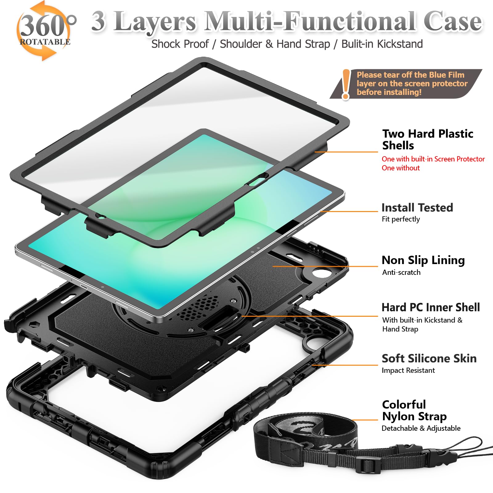 SEYMAC stock Coque pour Samsung Galaxy Tab A11+ Plus 11'' 2025/ A9+ Plus 11'' 2023, Coque Antichoc avec Protecteur D'écran Porte-Stylo [Dragonne Rotative à 360] et Support, Noir