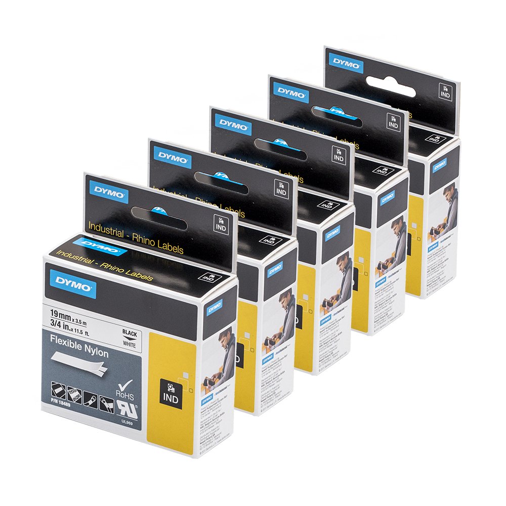 5 x Dymo 18489 Rhino Industrie Flexible Nylon Etiketten, selbstklebend, 19 mm x 3,5 m Rolle, schwarz Druck auf weiß + Papermate Kugelschreiber Geschenk
