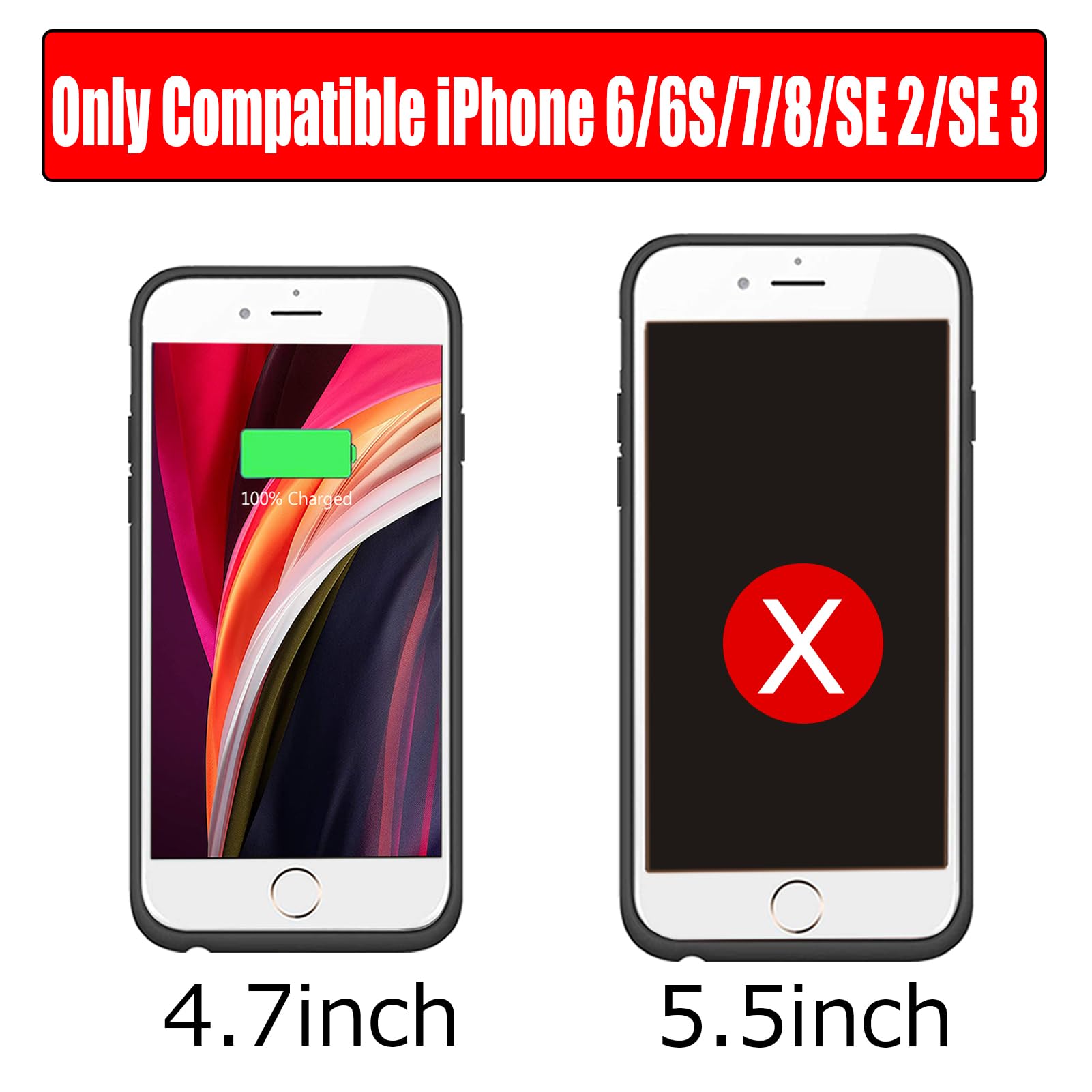 Battery Case for iPhone 6/6s/7/8/SE 2/SE 3, Enhanced 10000mAh High Capacity Portable Protective Charging Case Compatible with iPhone 6/6s/7/8/SE 2/SE 3 (4.0 inch) Extended Battery Charger Case (Black)