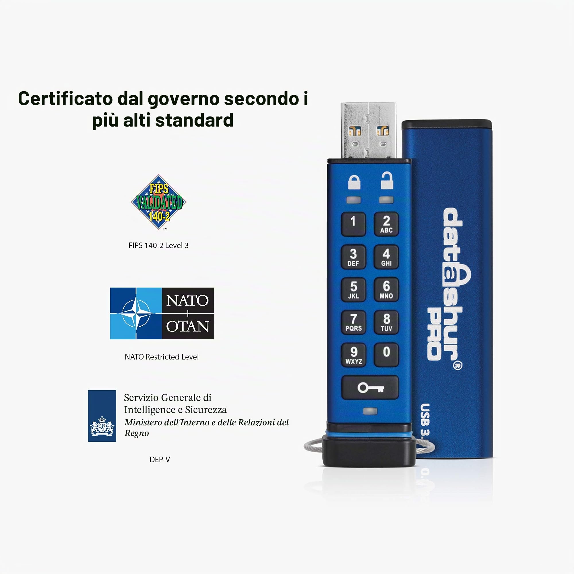 iStorage datAshur PRO 4GB - Unità flash USB crittografata - Certificazione FIPS 140-2 Livello 3 - Protetta da password - Resistente alla polvere e all'acqua