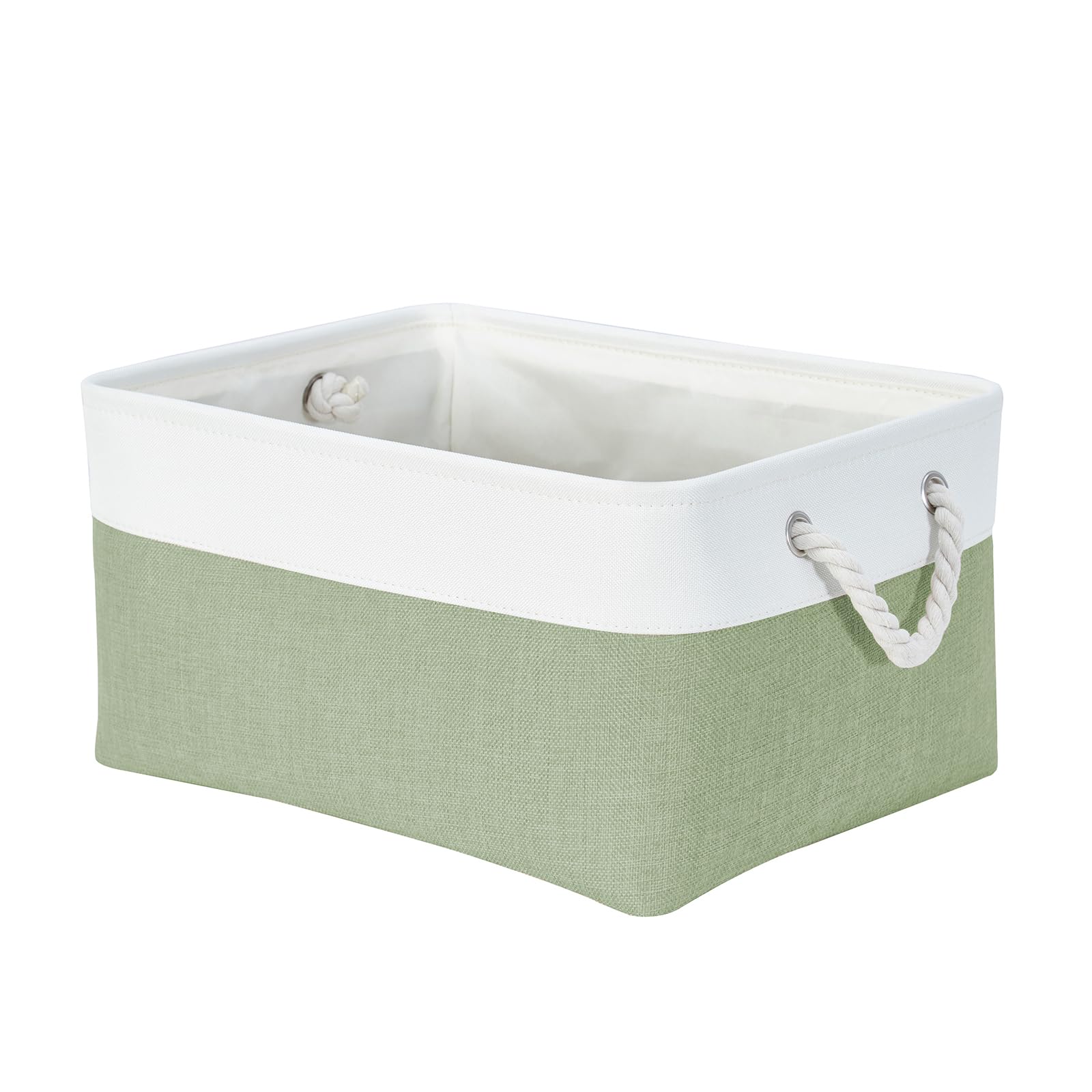 Mangata Soft Fabric Storage Basket with Handles, Multi-Size, Rectangular Linen Organiser Box for Shelf & Wardrobe, 41x31x18 cm, Green & White (Large, 1 Pack)