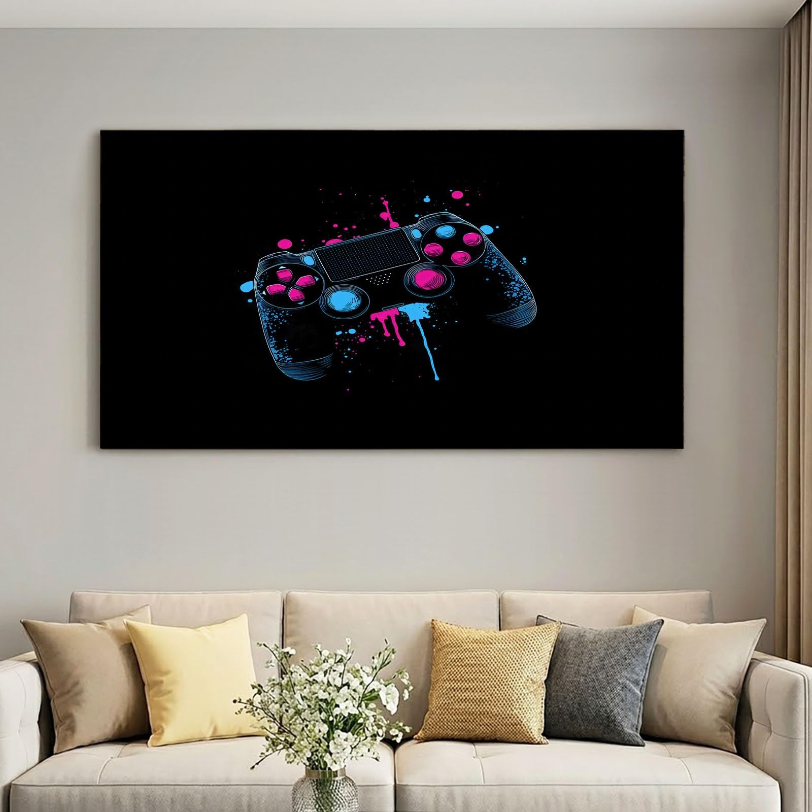 Générique Impression sur Toile Style Esport 140 x 70 cm Cadre en Bois Tableau Affiche Décoration Murale - Noir Jeu Manette pour Salon, Chambre, Couloir & Salle de Bain, Déco Maison