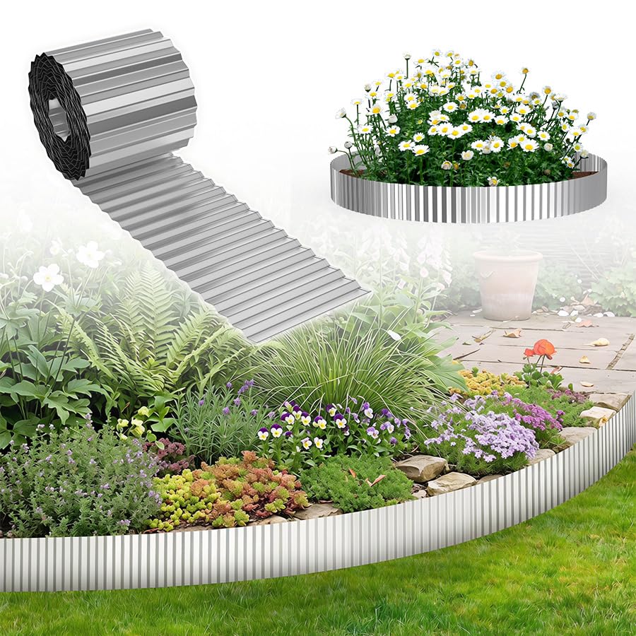 LARS360 Garden Border Edging, 18cm x 5m Metal Lawn Edging Borders, Corrugated Galvanized Flower Bed Edging, Flexible Weathering Steel Lawn Border for Flower Plants Beds and Garden, Silver