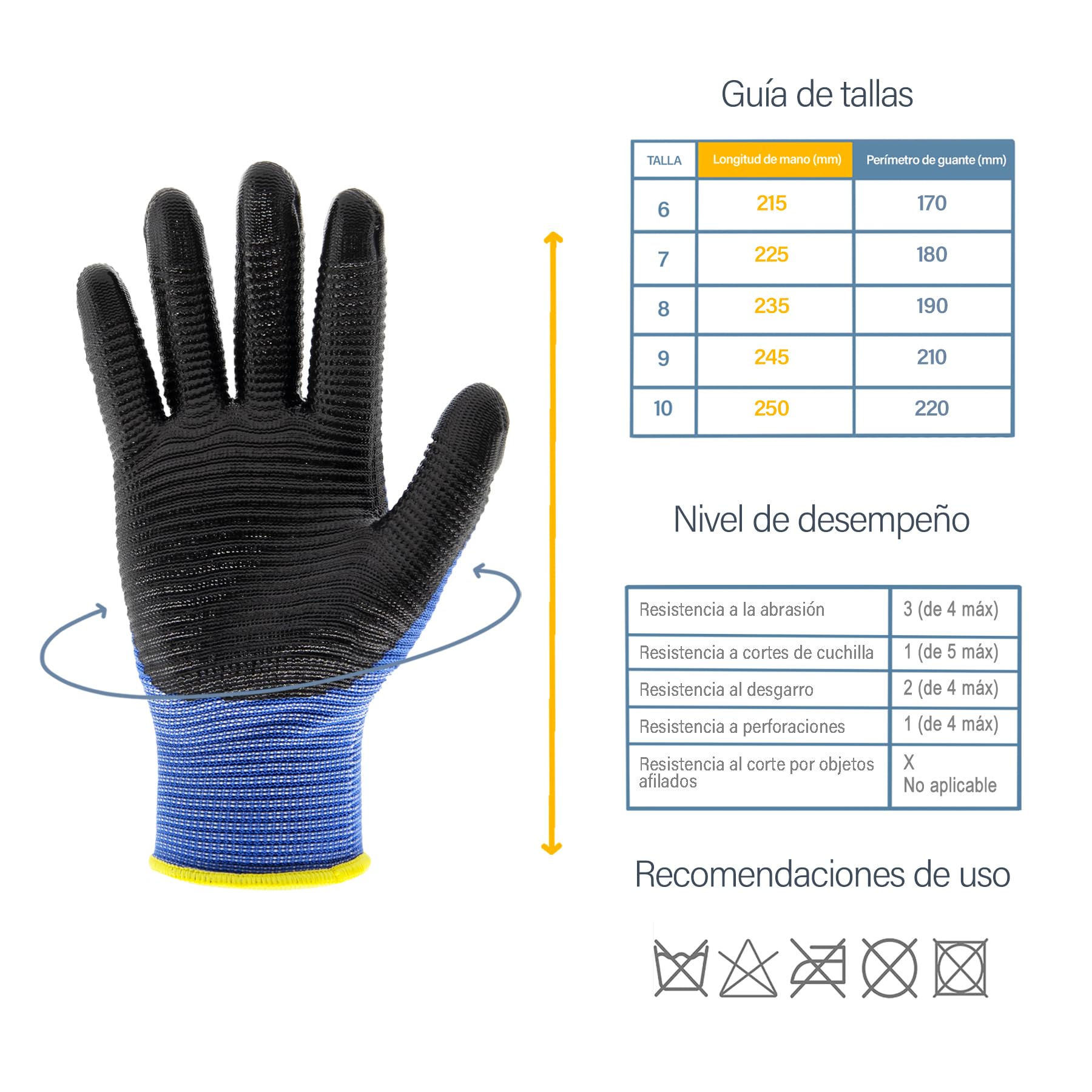 Guantes de Protección CAT2, Guantes de Trabajo en Poliéster y Nitrilo Ideales para Mecánica, Fontanería, Construcción, Guantes Ligeros, Cómodos, Resistentes a la Abrasión, 3,6,12o240 Pares