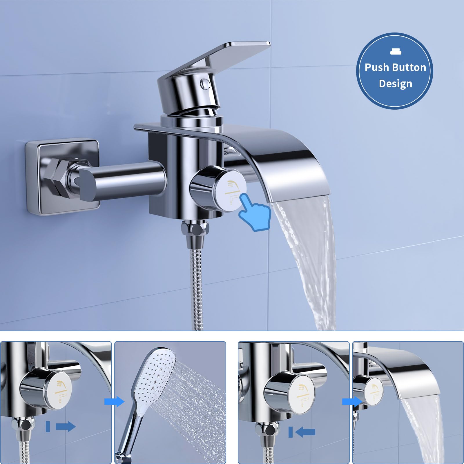 KULACO Robinetterie de baignoire avec douchette, Robinet de baignoire cascade, Mitigeur de douche en laiton avec 3 fonctions, Robinetterie de baignoire avec interrupteur à pression - Chrome