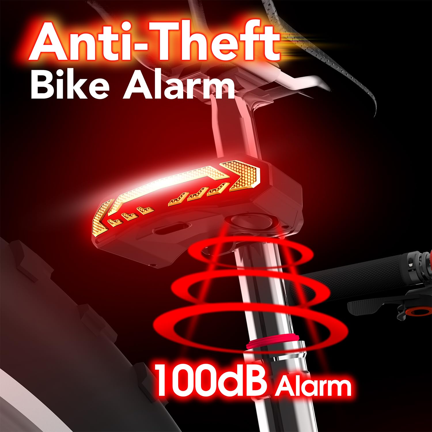Fosmon – Luz Trasera para Bicicleta 5 en 1 con Faro Delantero, Alarma 110dB, Intermitentes, Luz de Freno Automática, Timbre, Mando a Distancia, Recargable por USB-C, Antirrobo IP65