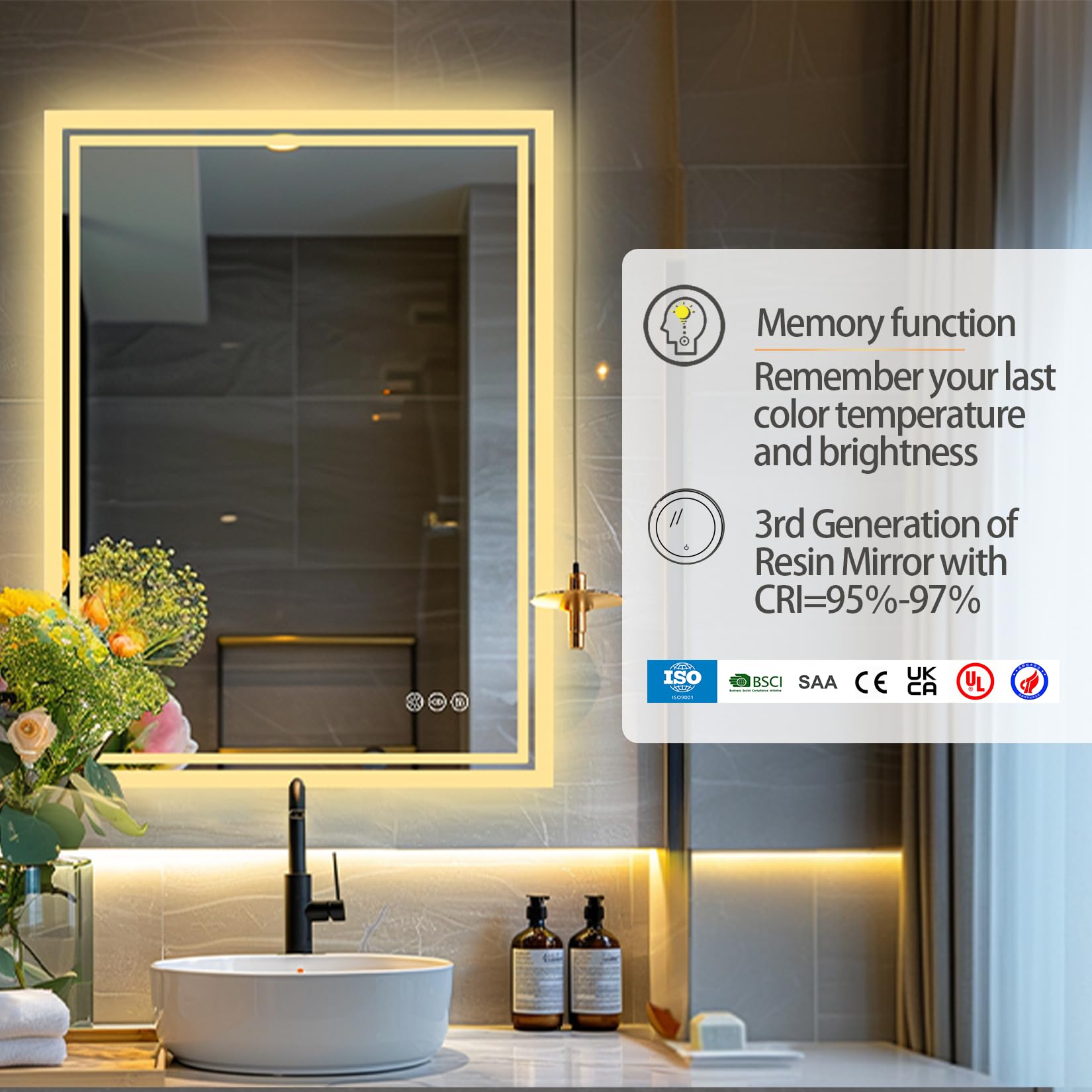 LUVODI Miroir de salle de bain lumineux à LED : 700x900 mm à intensité variable avec coussin de désembuage, vertical ou horizontal, classé IP65