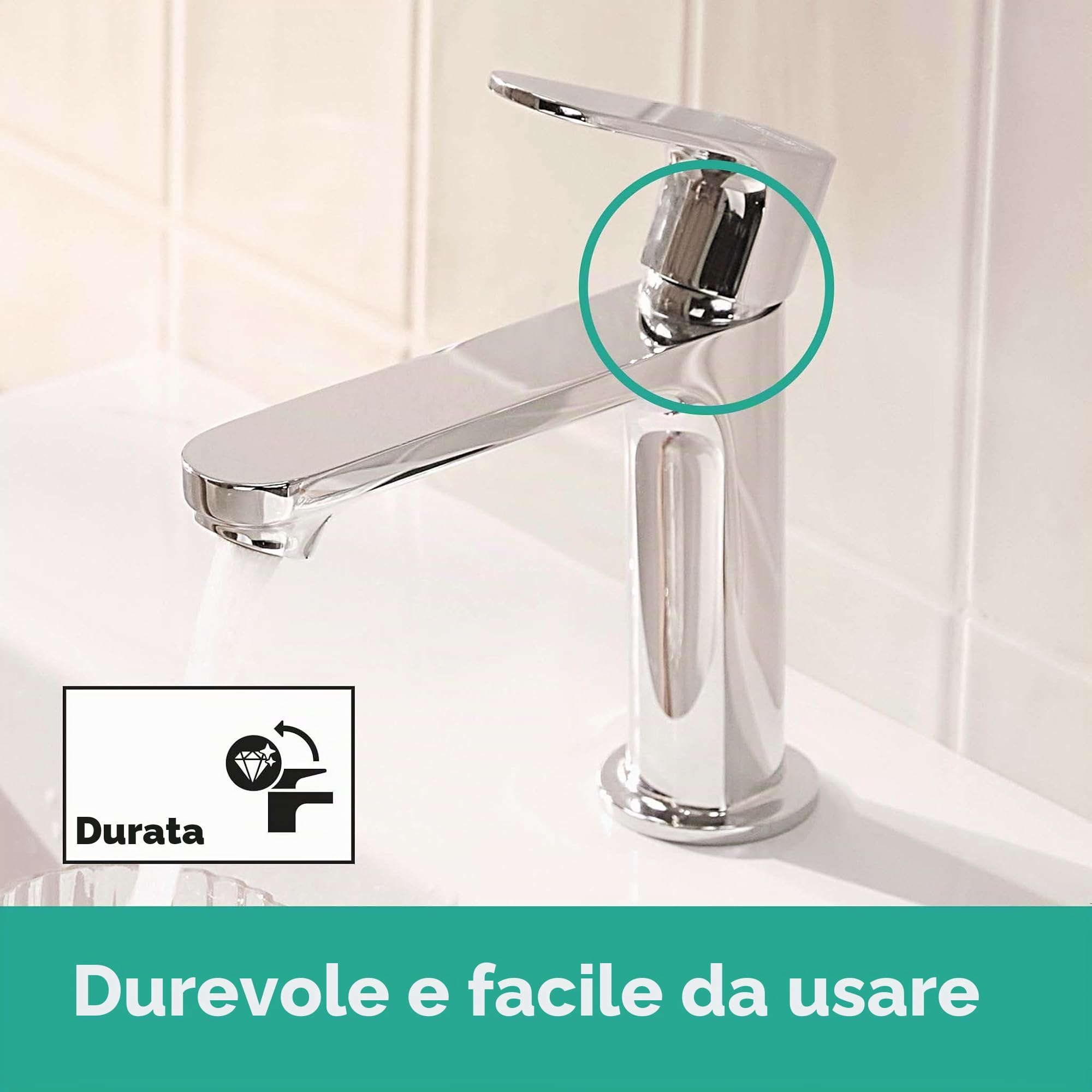 hansgrohe Rebris S - Rubinetto per lavabo con scarico a tirante, Miscelatore lavabo risparmio idrico (EcoSmart) con altezza bocca 109 mm, cromo, 72517000