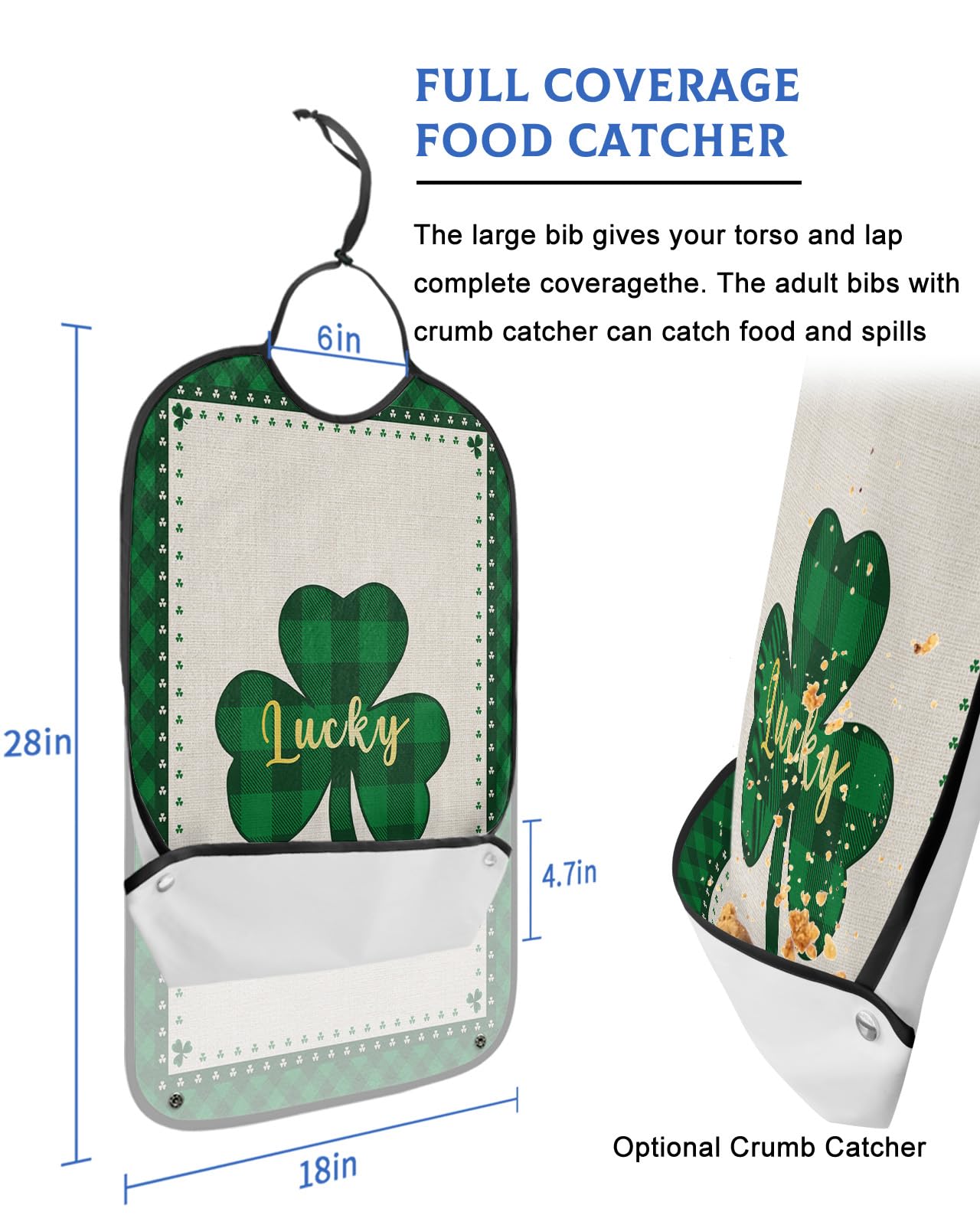 St. Patrick's Day Adult Bibs for Eating, Waterproof Bibs with Food Catcher & Adjustable Snap Closure, Green Black Buffalo Plaid Board Lucky Clover Clothing Protectors Adult Bibs for Elderly Women/Men