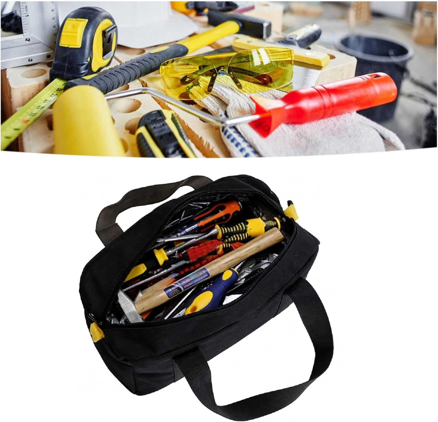 Tool Bag 12 Inch Canvas Wide Mouth Tool Bag Large Capacity Tools Storage Bags Black Waterproof Electrician Toos Pouch with Compartment, Zippers Tote for Wrench Screwdriver Pliers