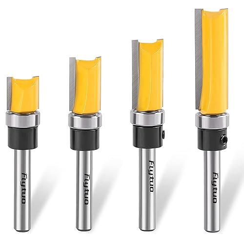 Flytuo Juego de 4 brocas de enrutador de corte al ras con patrón de 14 de vástago, rodamientos superiores de carburo para enrutador, guía de