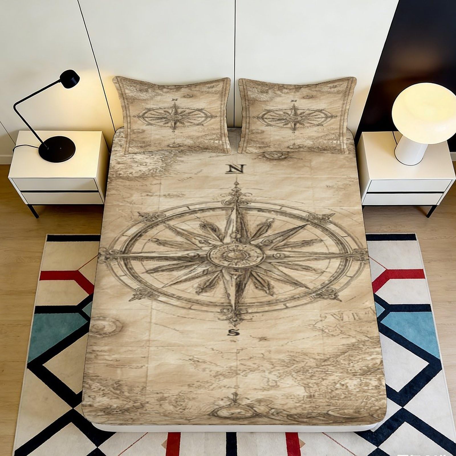 3D Printed Vintage Compass Fitted Sheet Microfiber Soft Breathable Antique Map Bed Sheet for Bedroom Dormitory Guest Room Mattress Protection Decor 90x200x25cm