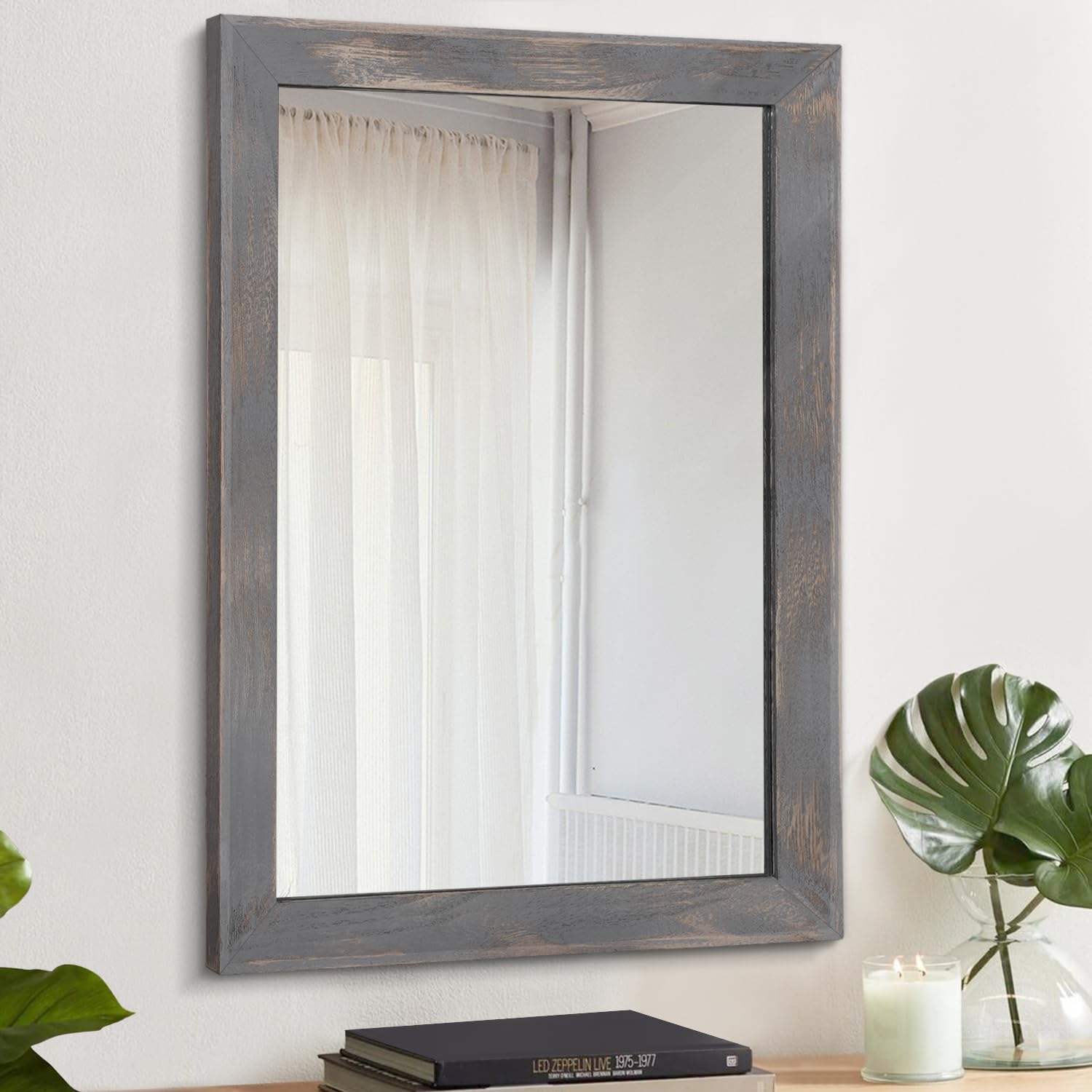 AAZZKANG Wooden Mirror Rectangle Rustic Mirrors for Wall Farmhouse Bedroom Bathroom Mirror Home Decor