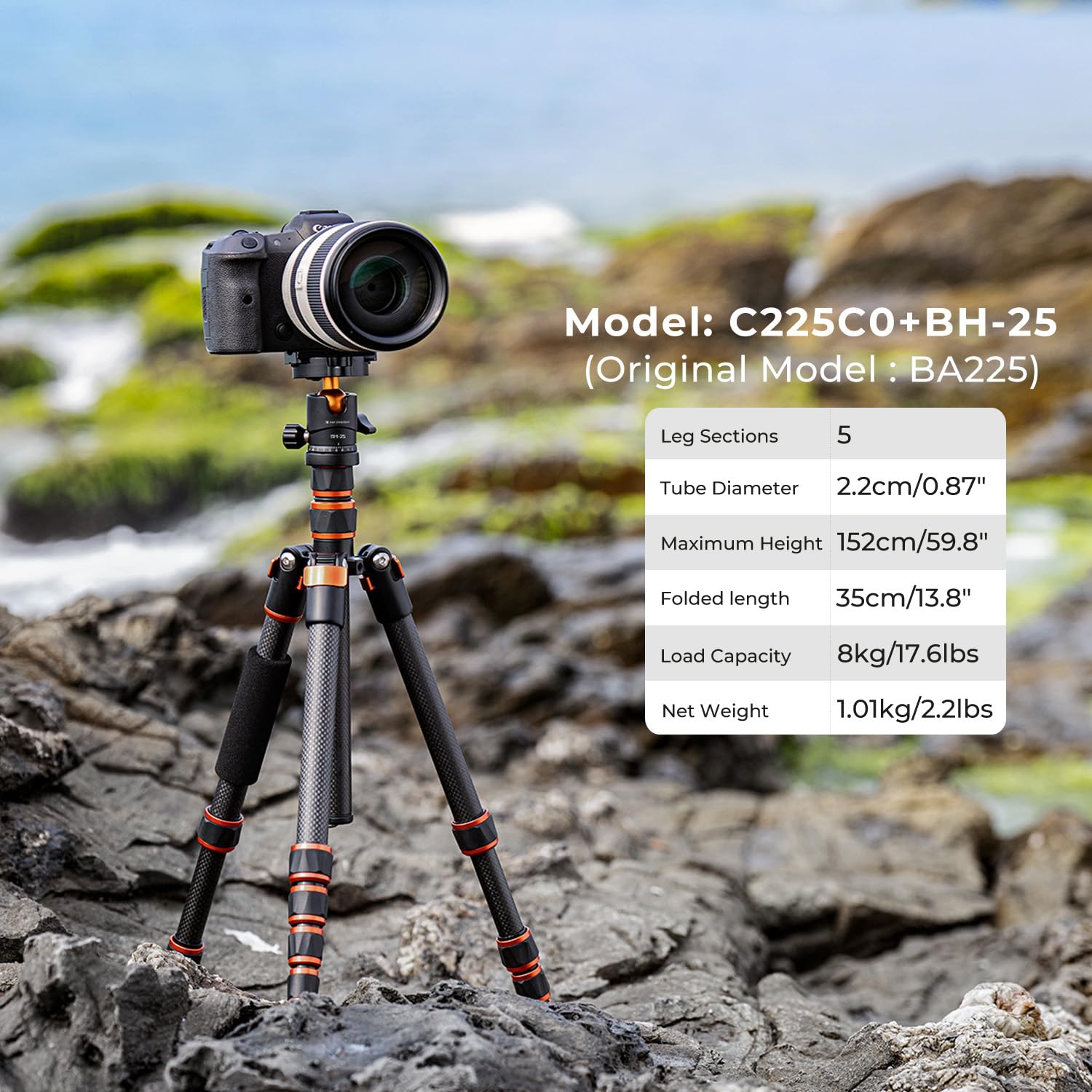K&F Concept Statyw węglowy 152 cm, lekki tripod, elastyczny statyw do aparatu z głowicą kulową 360°, gwint 1/4", torba do przenoszenia aparatu DSLR C225C0+BH-25(BA225)