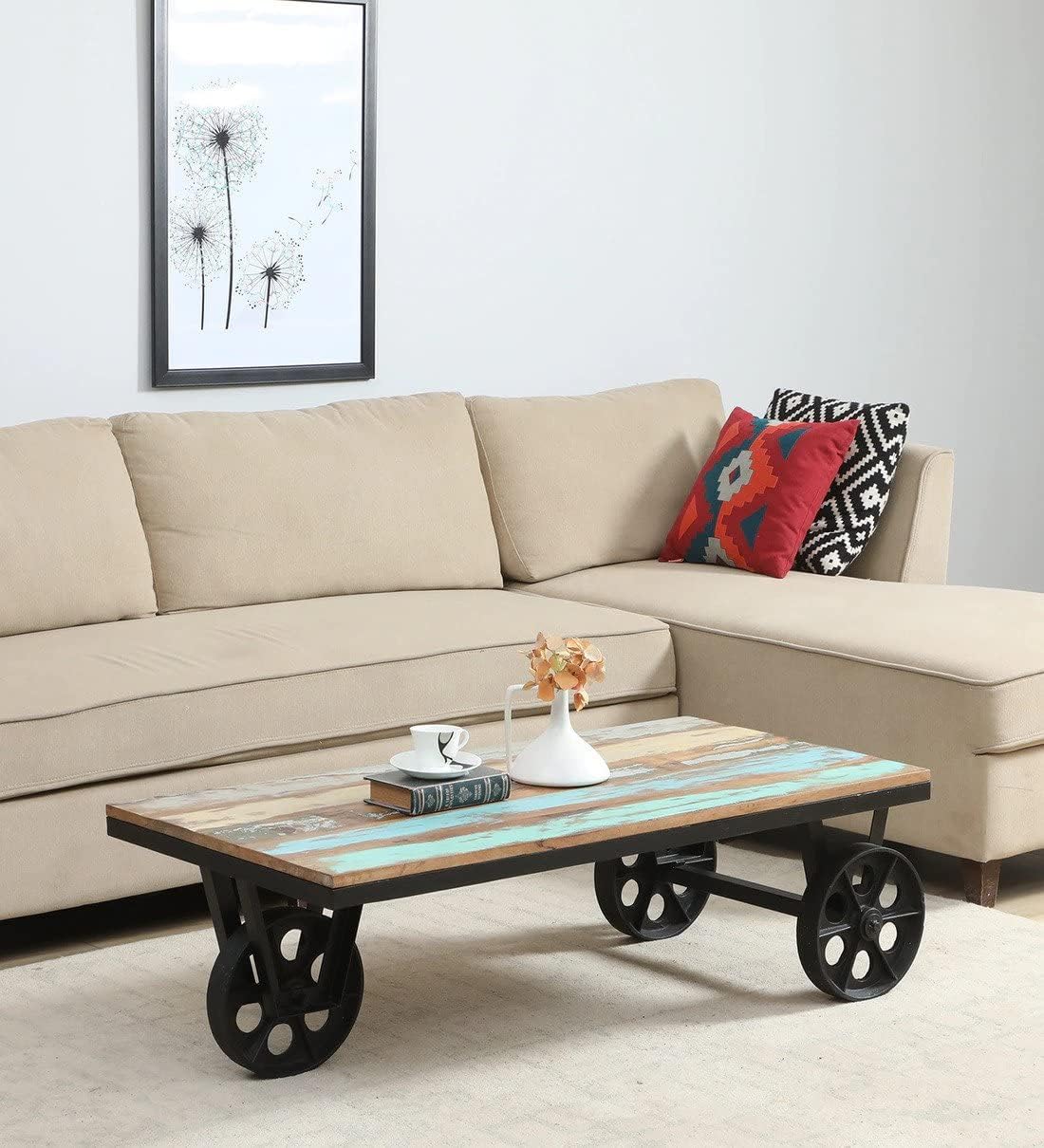 Vistoso Cart Center Table | 120 cm Solid Wood Coffee Table for Living Room | Reclaimed Wood, Multicolor Distressed Finish