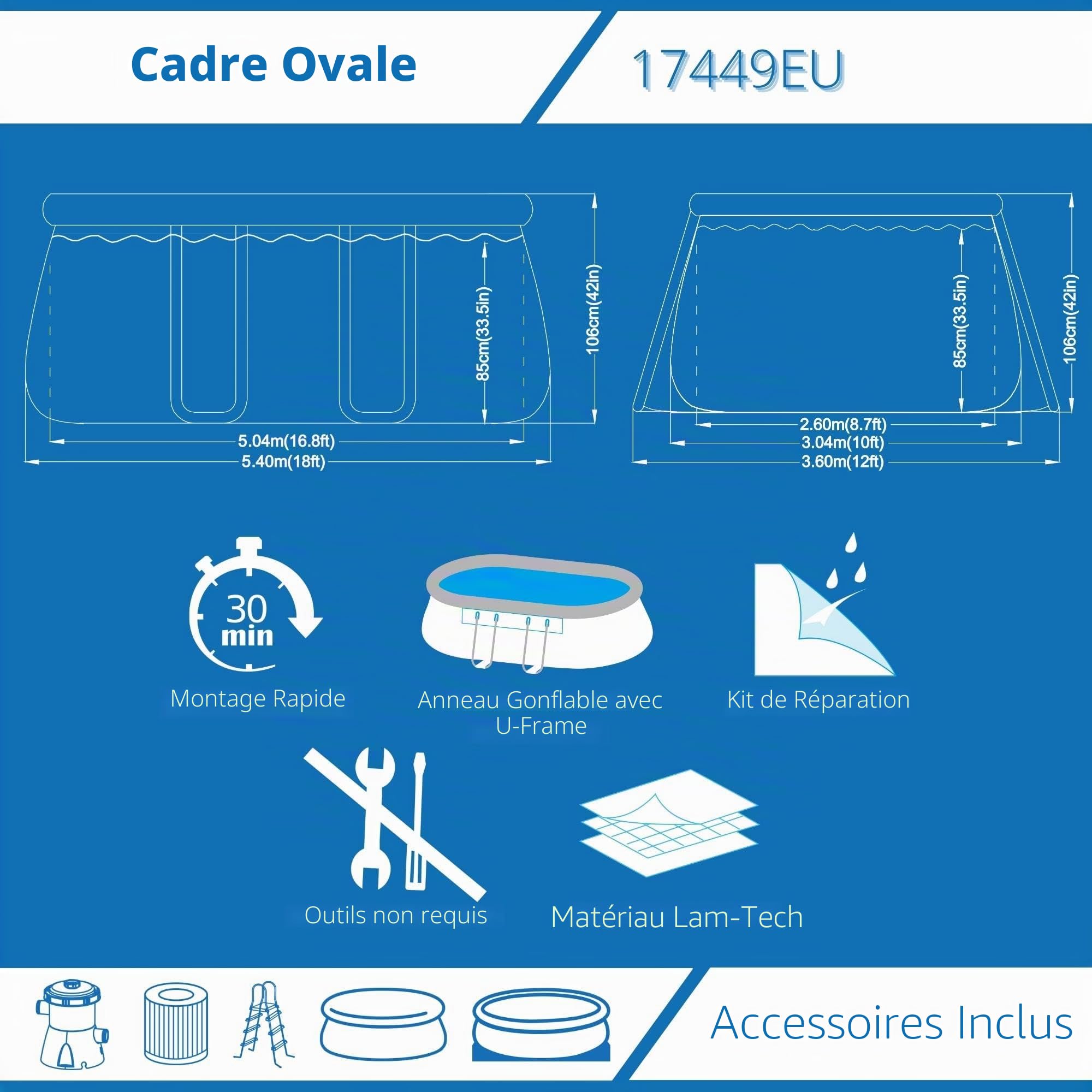 Avenli Piscine autoportante Ovale avec Structure, Gris 540x304x106 cm Gris