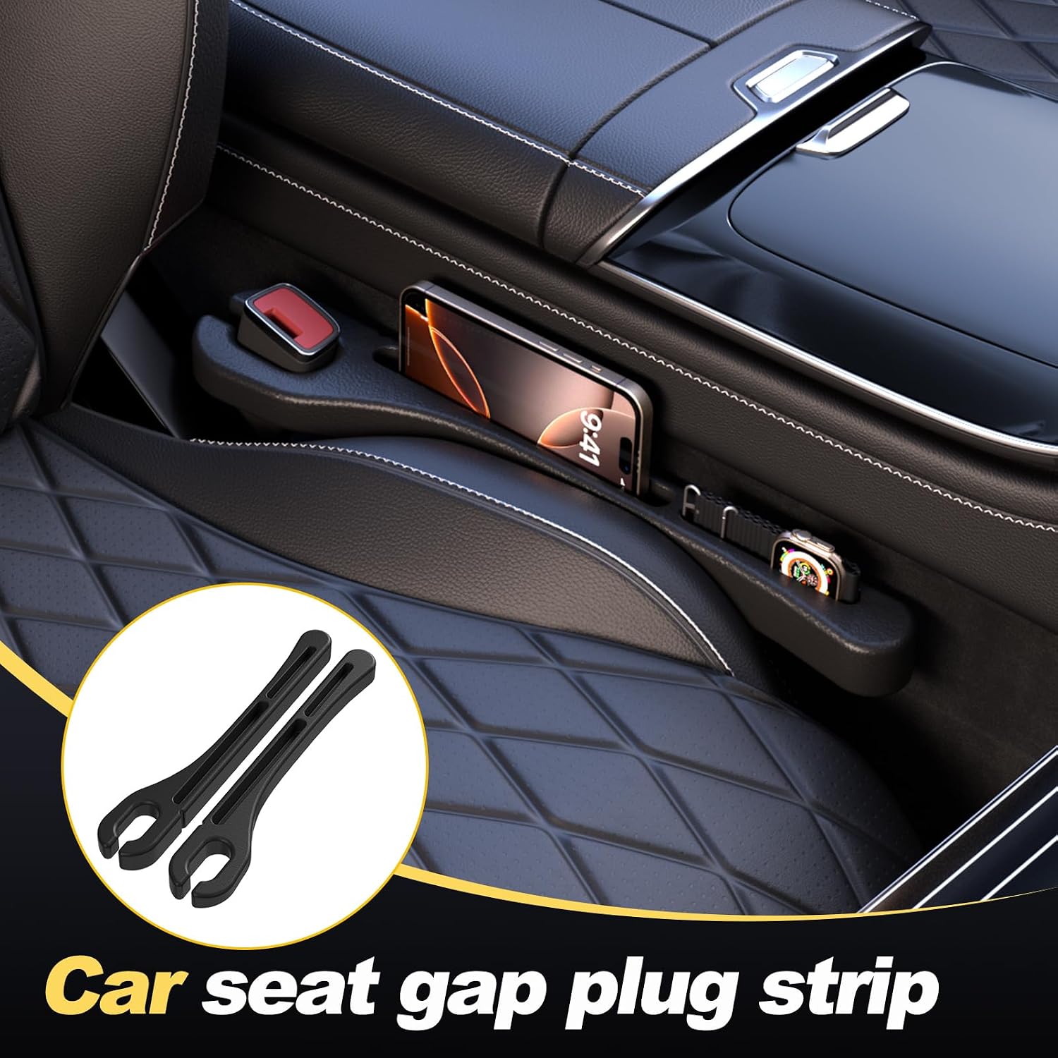 Car Seat Gap Filler Organizer - 2-Piece PU Leather Seat Gap Plug & Storage Pad to Prevent Dropping Items Between Seats and Center Console, Universal Black Interior Accessories image 2