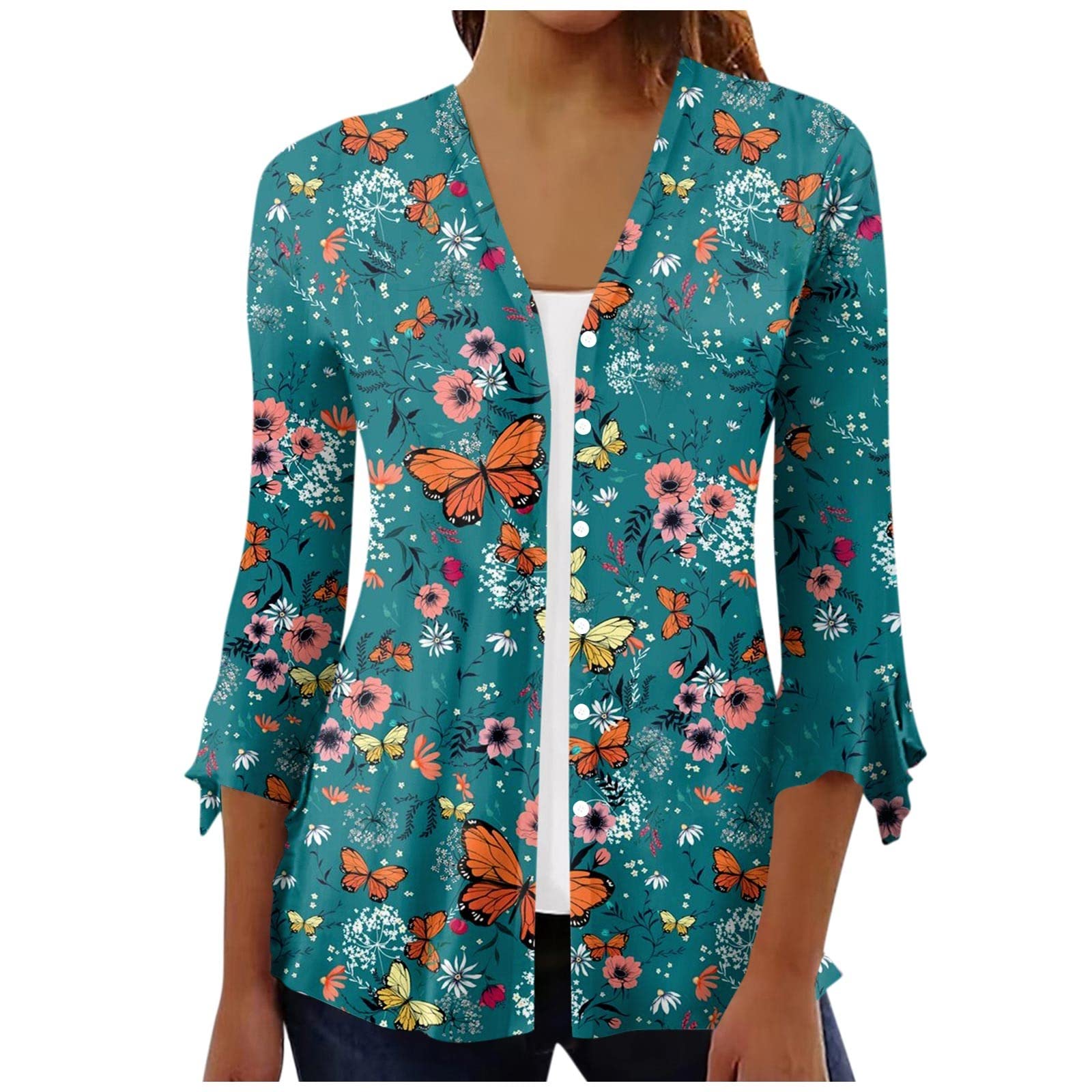 Summer 3/4 Sleeve Working Cardigans Women Collarless Swing Fashion Floral Kimono Ladies Relaxed Fit