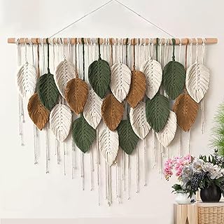 LXSMPWY Handwoven Macramé Hanging Wall Decor - Boho Leaf Fringe with Wooden Stick, Cotton & Linen Tapestry Living Room, Be...