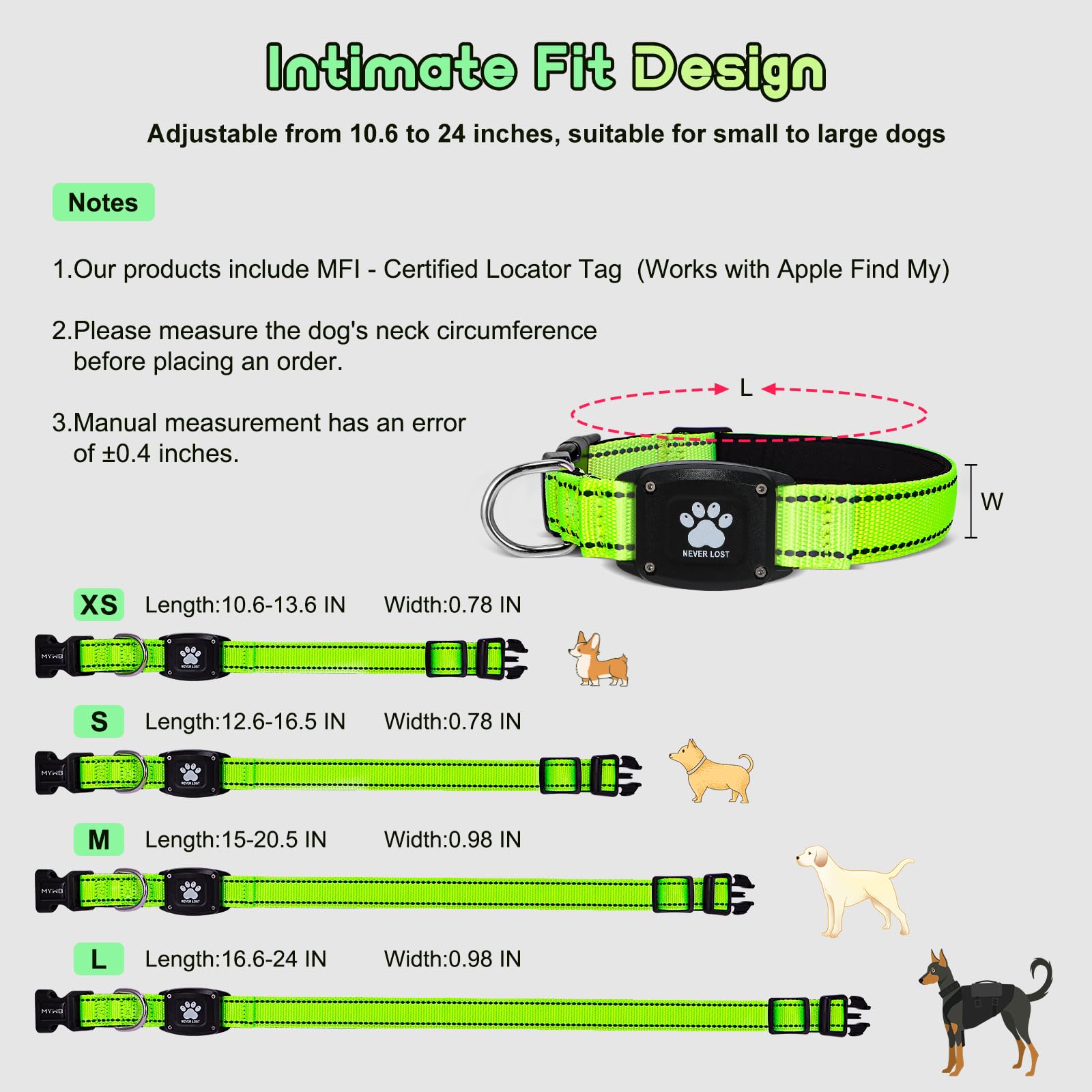 Myiwb GPS Dog Collar Tracker 2-in-1,Reflective Waterproof Pet Collar,iOS-Only,No Monthly Fees,Unlimited Range,Ideal for Dog Tracking pet Tracker,for Small Dogs(S (12.6"-16.5" Width:0.78"), Green) - image 5