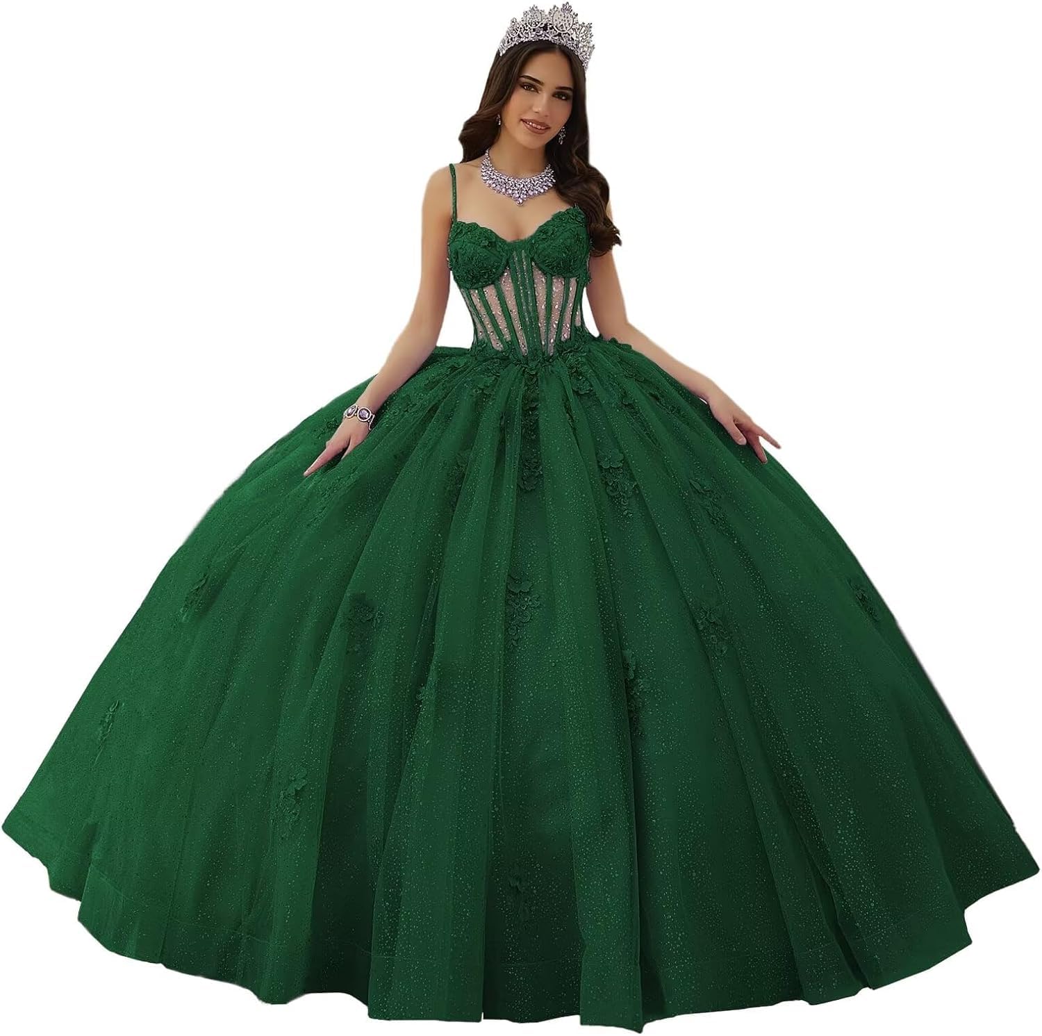 Fuomomo Spaghetti Straps Quinceanera Dresses Sweetheart Neckline Quinceanera Dresses lace Applique Quinceanera Dresses Sparkly Tulle Quinceanera Dresses for Teens MT041 Emerald Green