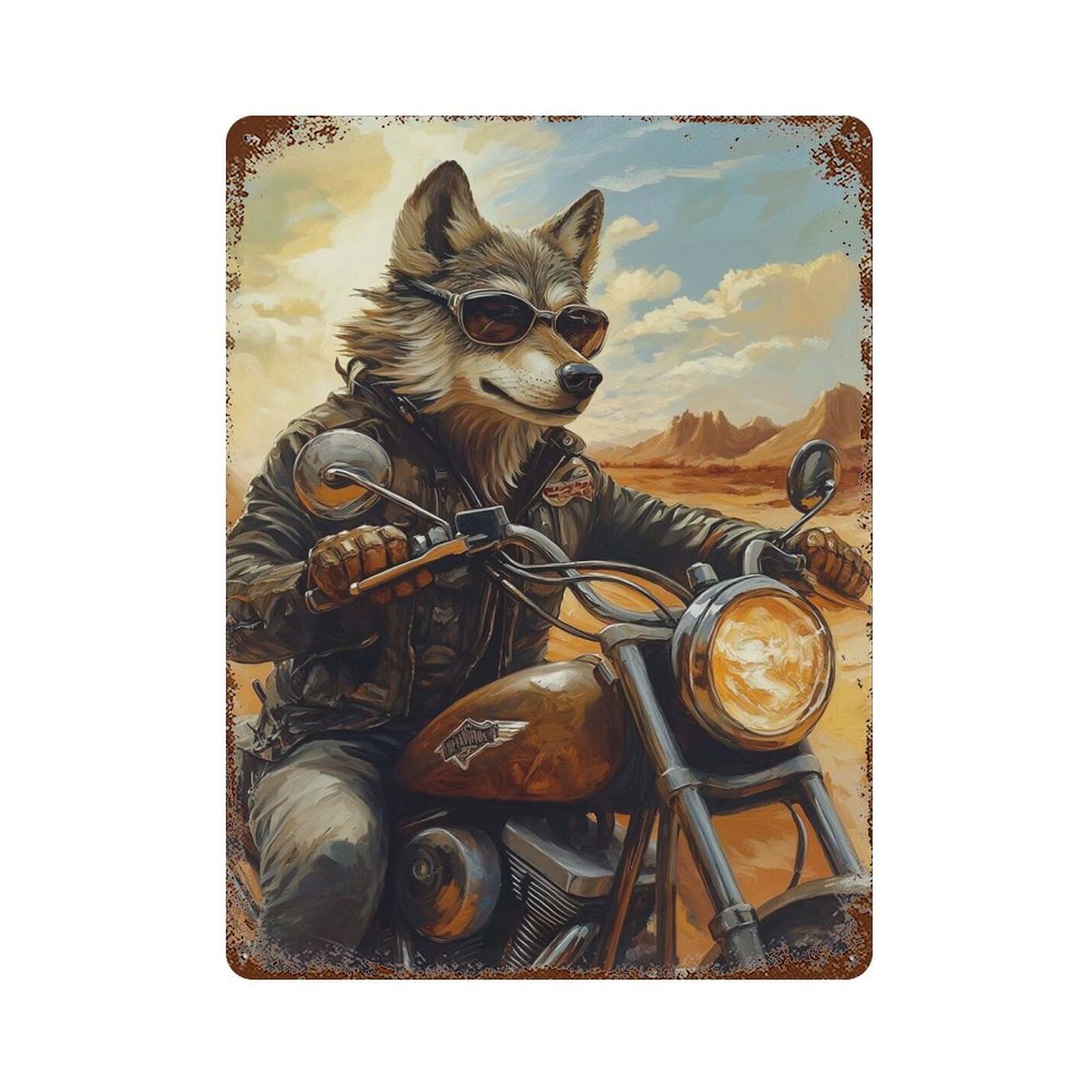 Wolf Biker in Desert Landscape 15.7"x11.8" Aged Metal Wall Plaque, Novelty Wall Decor for Shed, Workshop And Garage Wall Decor