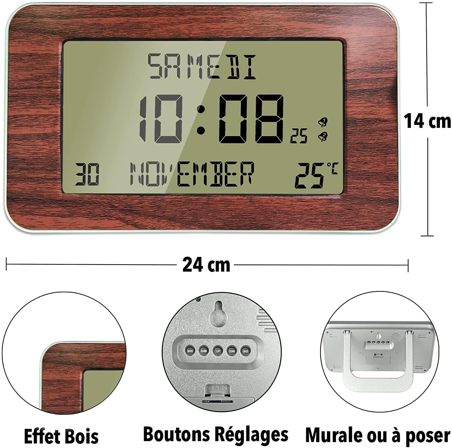 FISHTEC Horloge Réveil Numérique Murale Radiopilotée Grands Chiffres 6 Langues 2 Alarmes Température