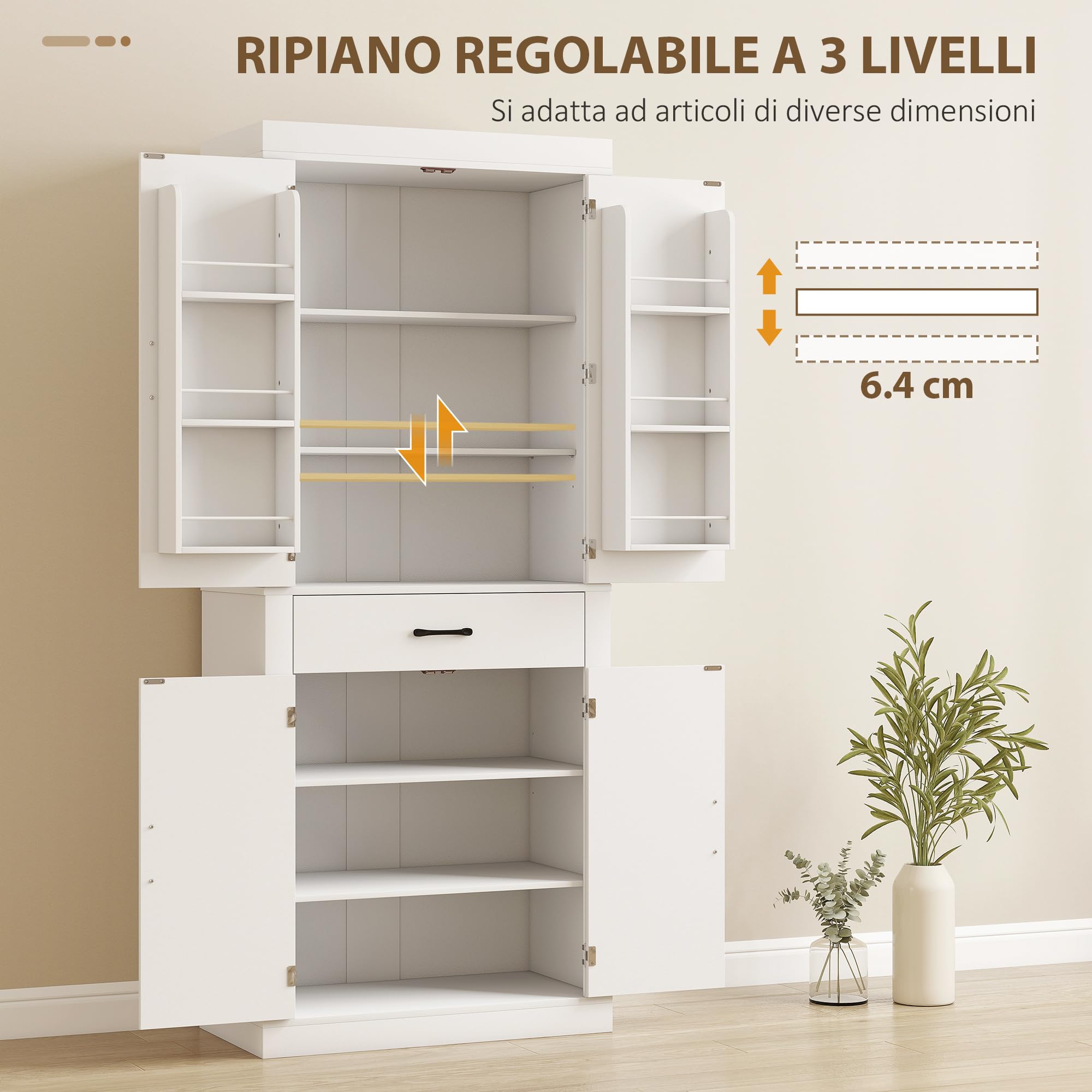 HOMCOM Credenza Cucina Alta 183.5 cm con 6 Portaspezie sulla Porta Bianco | 4 Ante a Fienile e Cassetto, Mobile Dispensa Rustico, Ripiani Regolabili, per Sala da Pranzo, Soggiorno