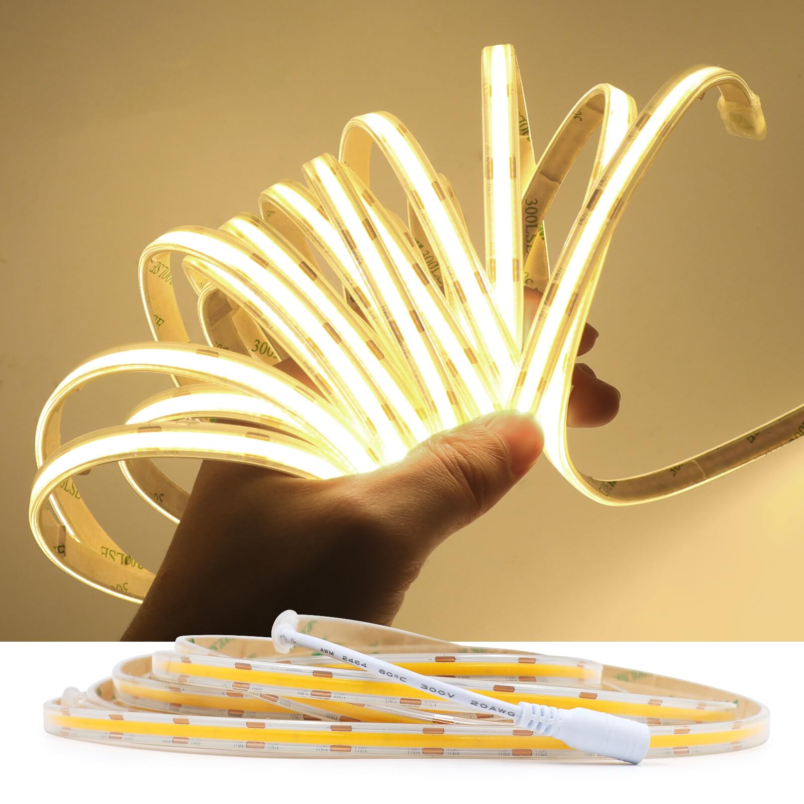 KAFULA 12V COB LED Strip Light [5M, Natural White 4000-4500K], IP65 Waterproof, 480 LEDs/m Flexible FCOB LED Fairy Light CRI85+, Cuttable Every 2.5cm, Home Lighting (Power Supply Not Included)