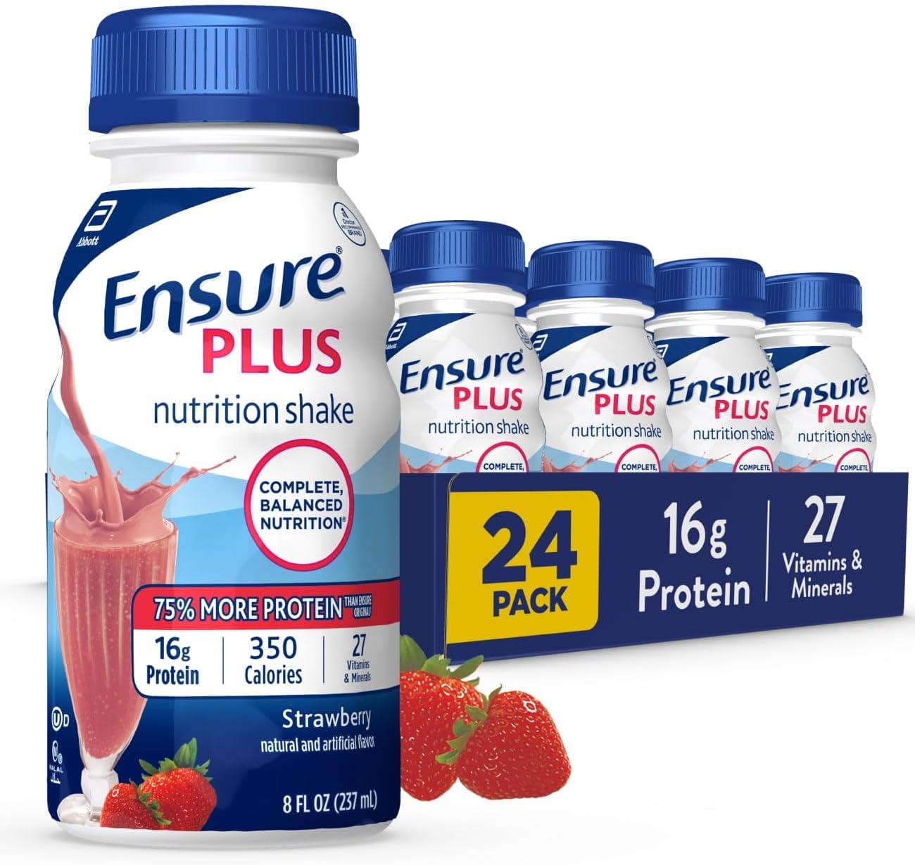 EnsurePlus Complete Balanced Nutrition Drink, Ready To Use, Strawberry, 8-Ounce (Pack Of 24)