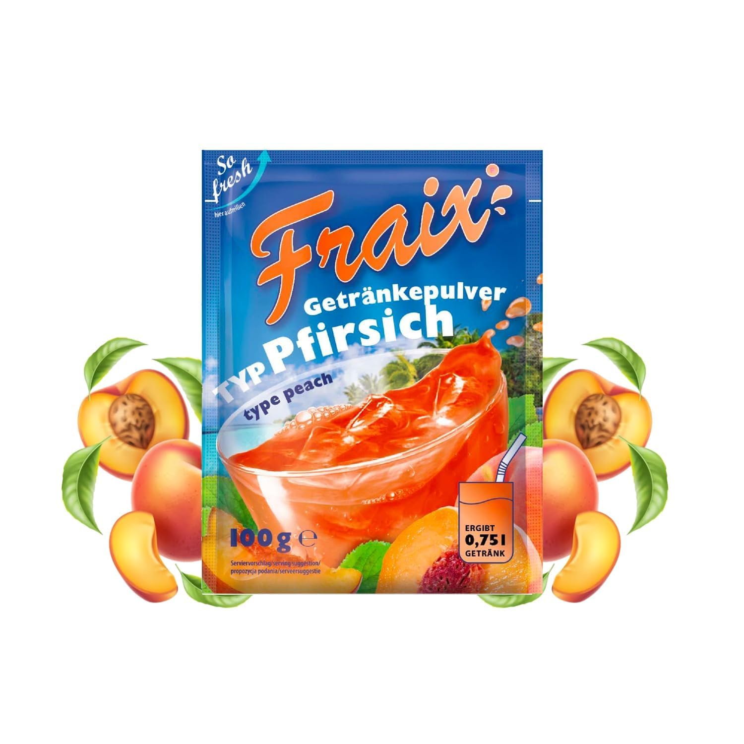 FRAIX Polvere per bevande, pesca, confezione da 150 pezzi (150 x 100 g), polvere istantanea di frutta con sapore di pesca, perfetta per viaggi, feste di compleanno