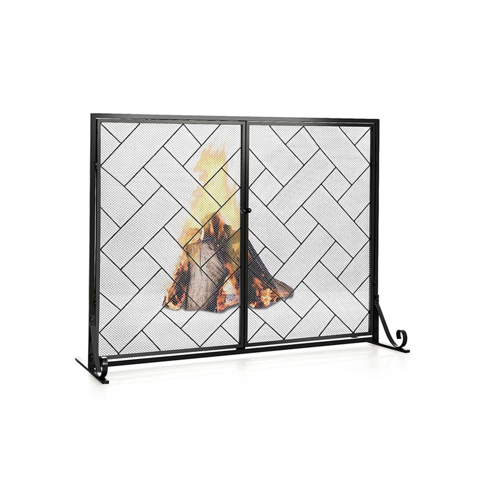 Fireplace Screen 3 Panel Folding Wrought Iron Fireplace Screen with Door to Protect Kids Spark Guard Cover